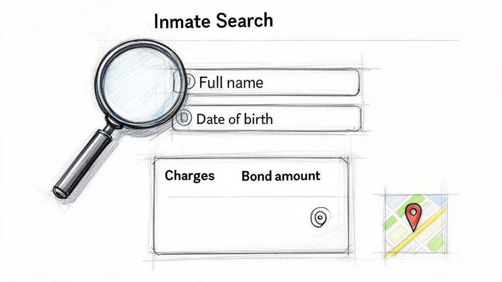 Sketch of an inmate search interface with fields for full name, date of birth, charges, and bond amount.