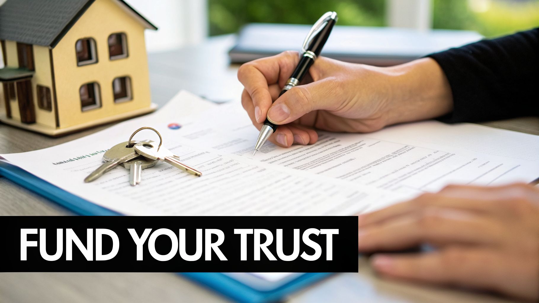 A hand signs legal documents with a pen, beside a model house and keys, relating to trust.