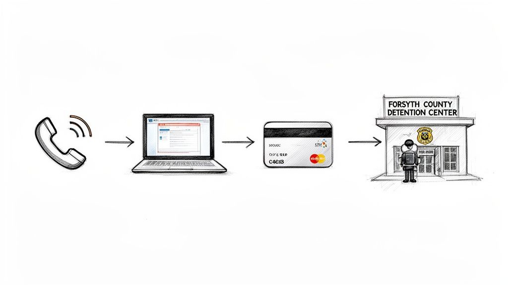 Diagram illustrating the online bail bond process: a phone call, laptop, credit card, and detention center.