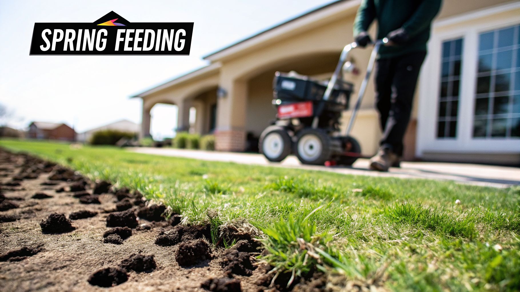 A person uses a lawn aerator, leaving soil plugs on green grass in front of a house, with 'SPRING FEEDING' text.