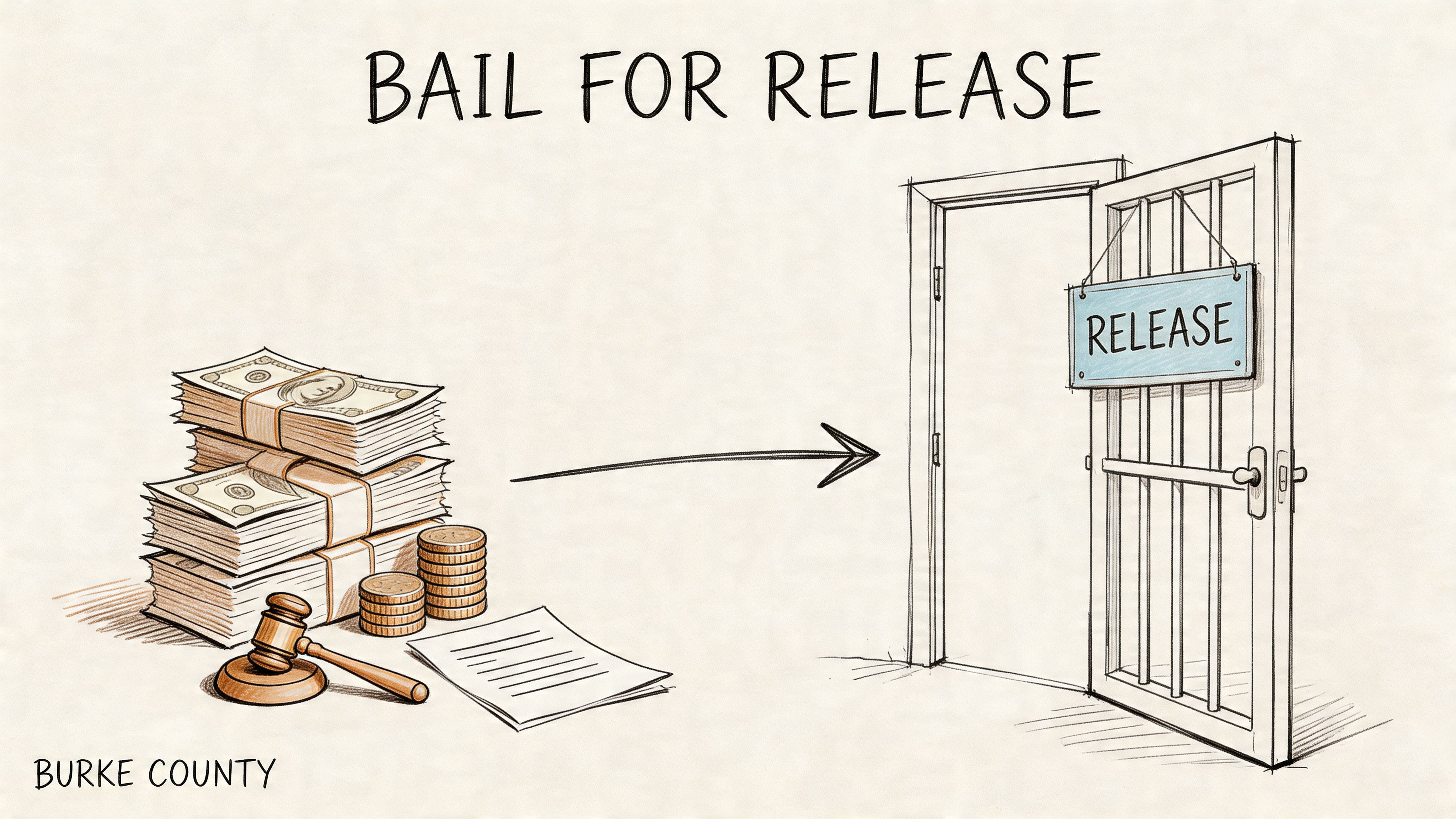 A conceptual illustration showing stacks of cash and a gavel leading toward an open jail cell door.