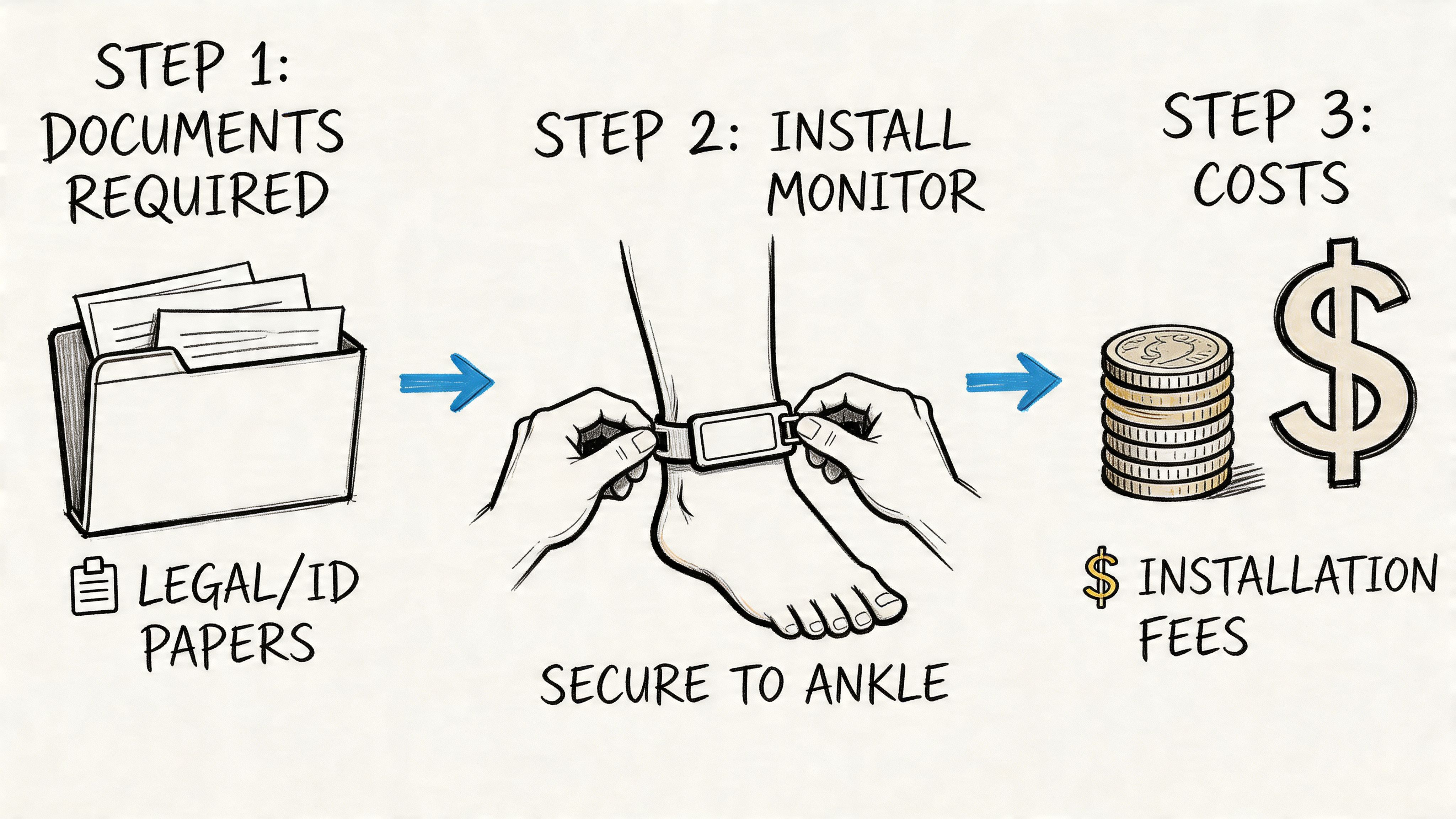 A three-step infographic showing the process of obtaining an ankle monitor, including documents, installation, and associated costs.