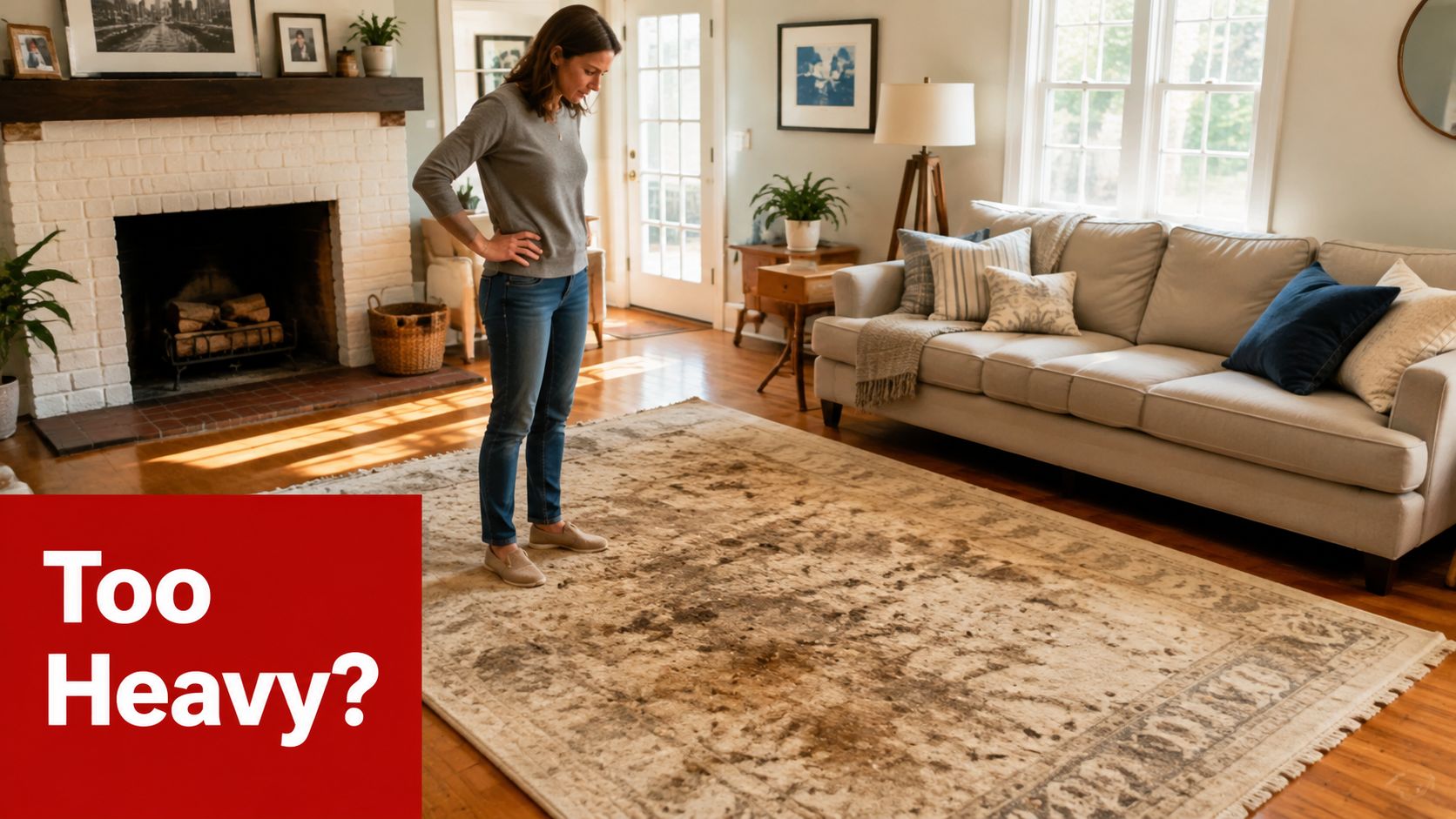 A woman stands in a living room looking down at a large, stained, vintage-style area rug.