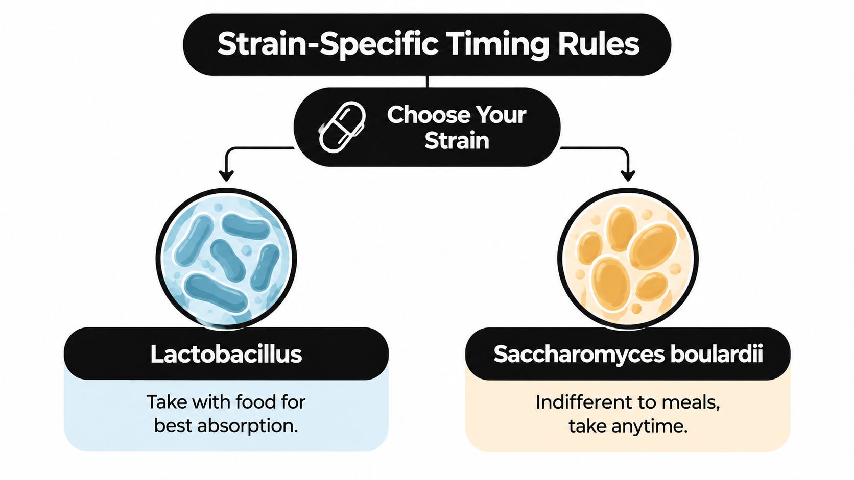 An infographic illustrating timing rules for taking Lactobacillus and Saccharomyces boulardii probiotic strains with meals.