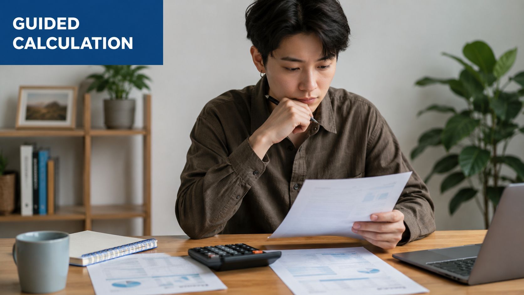 A young man analyzing financial documents and using a calculator to calculate spousal support in Georgia.