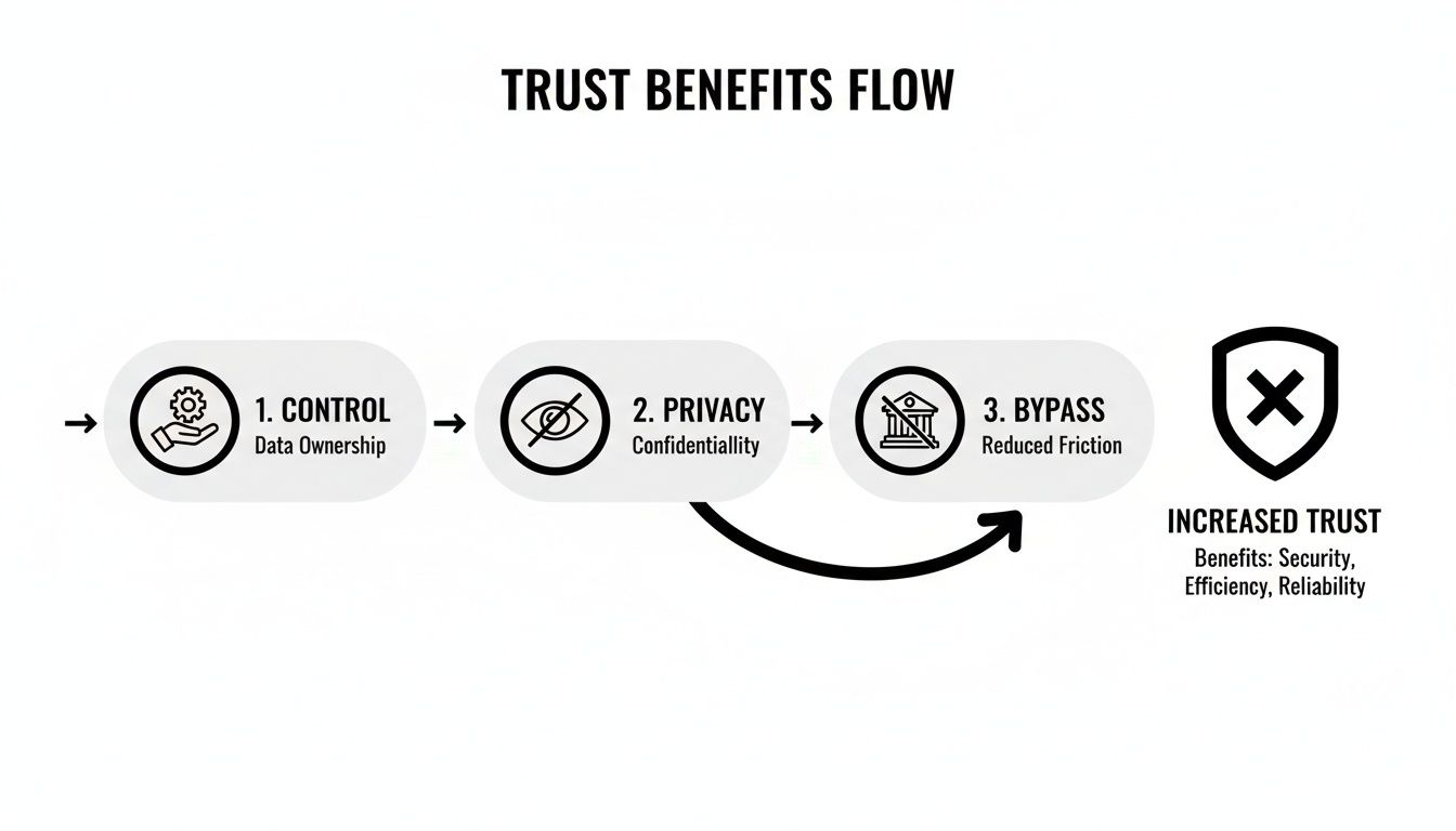 Flowchart illustrating the Trust Benefits Flow: Control, Privacy, and Bypass lead to Increased Trust.