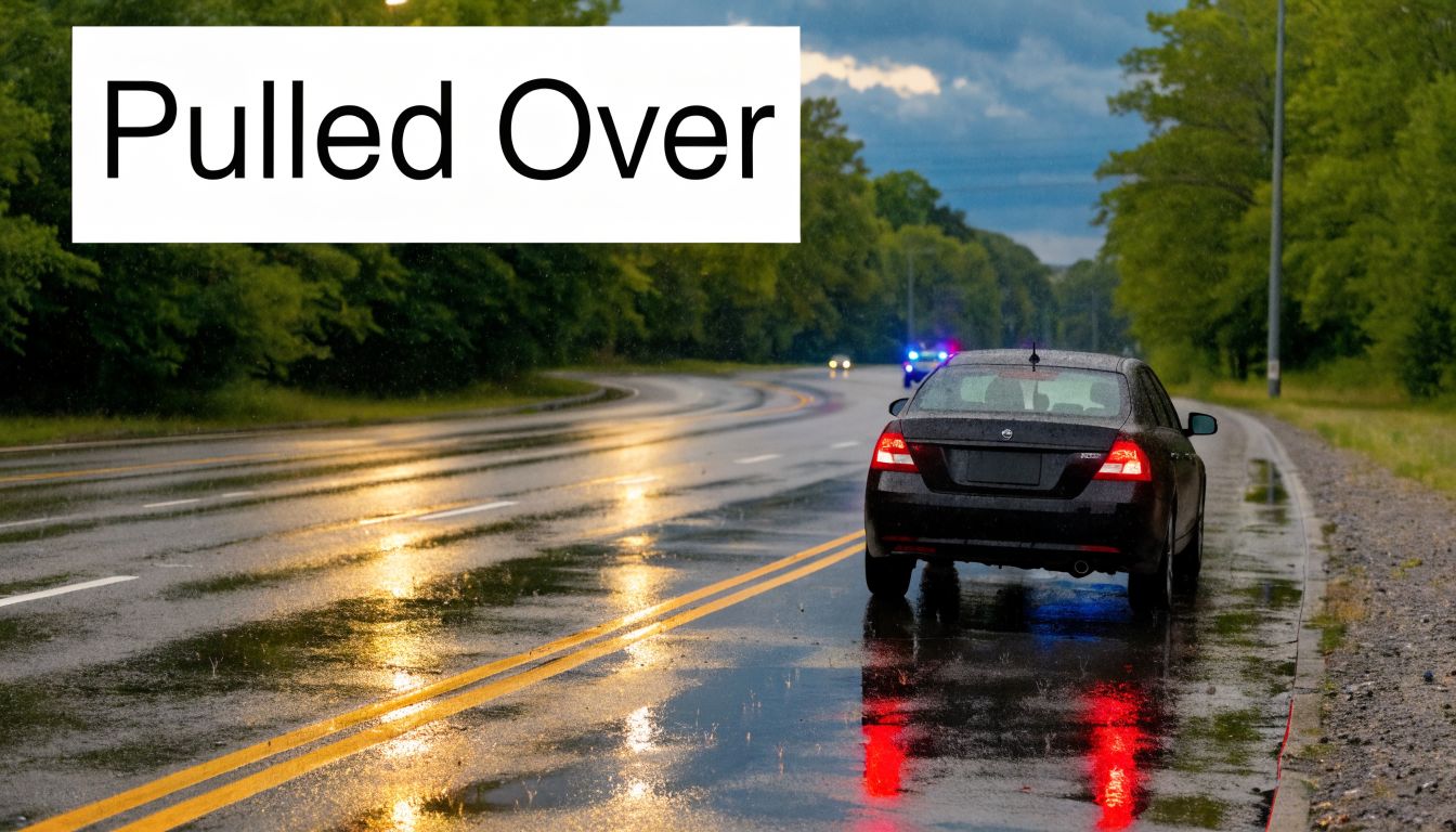 A black sedan pulled over on the side of a wet road with a police car behind it.