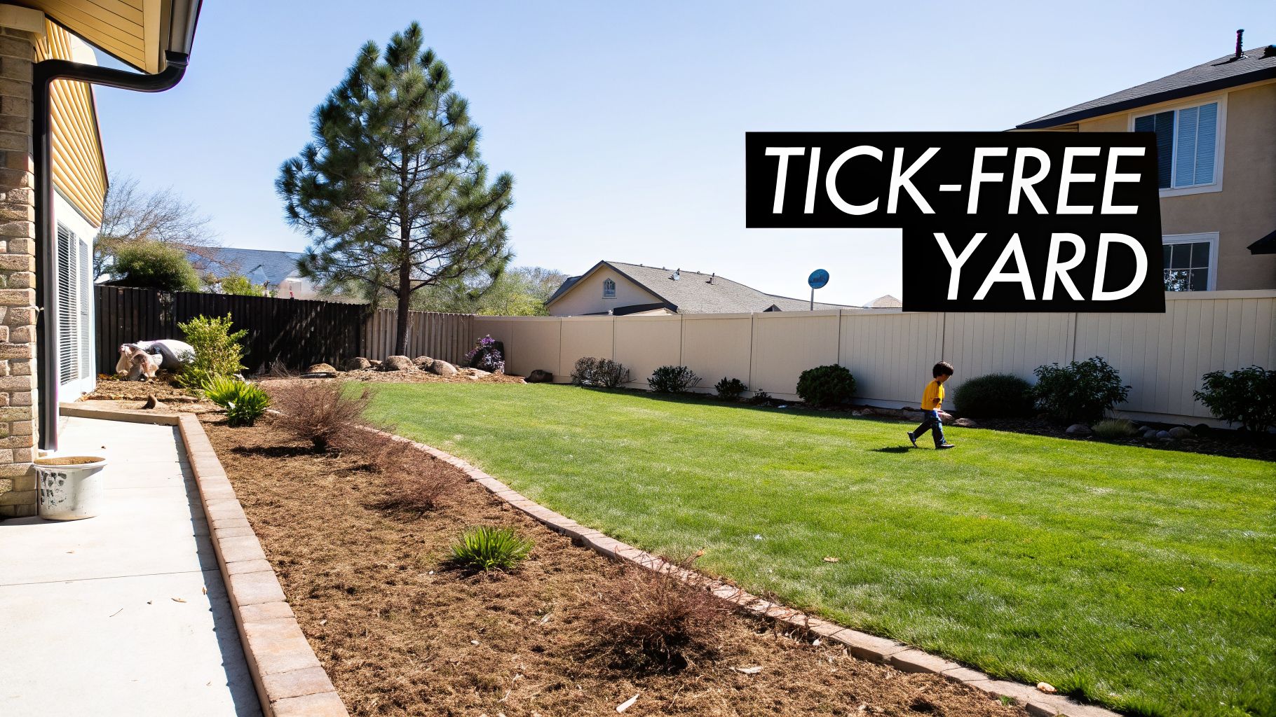 A child walks on a green, tick-free backyard lawn bordered by a fence and landscaping.
