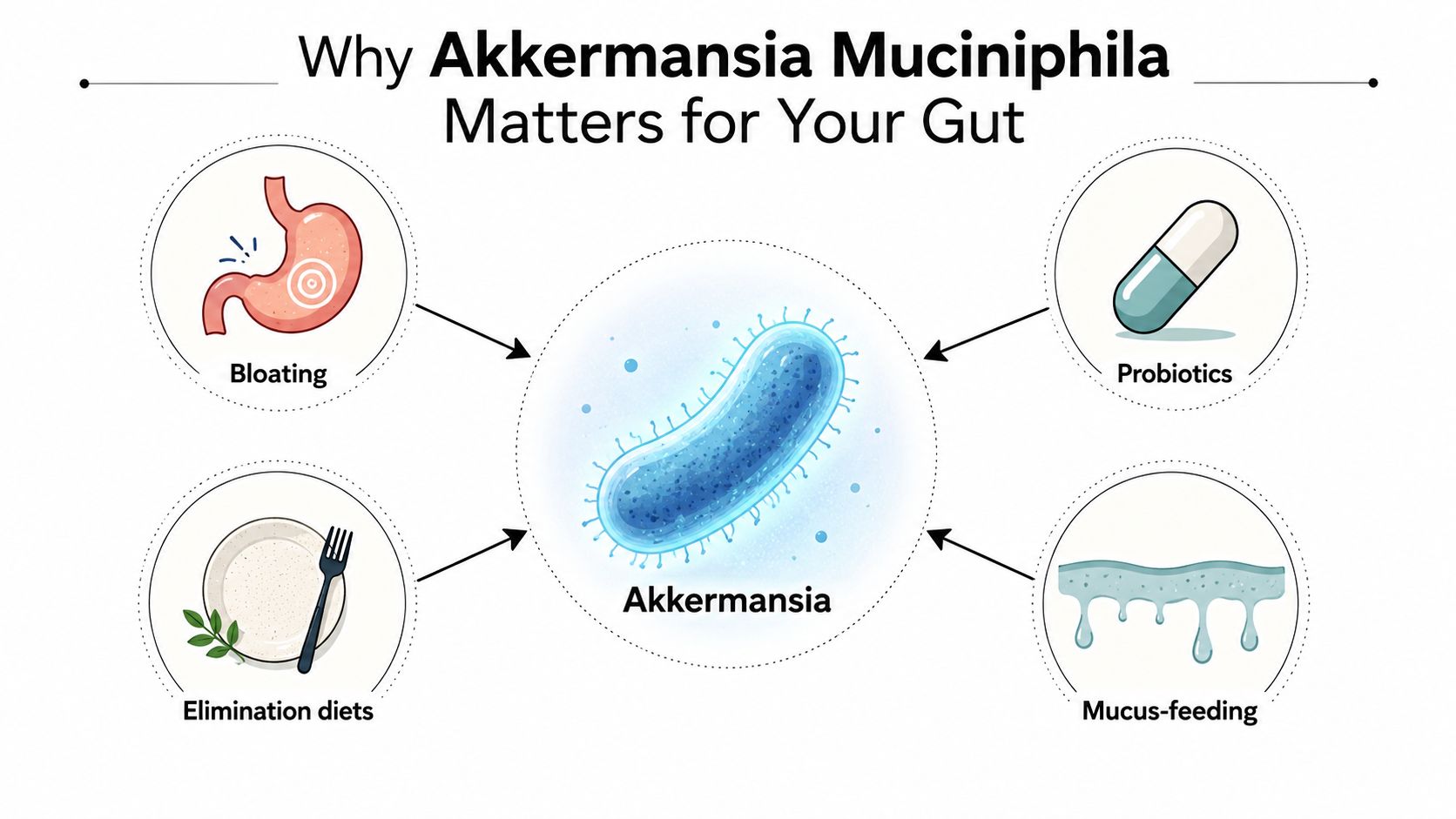 A diagram illustrating the factors related to Akkermansia muciniphila gut bacteria, including bloating, diet, probiotics, and mucin.
