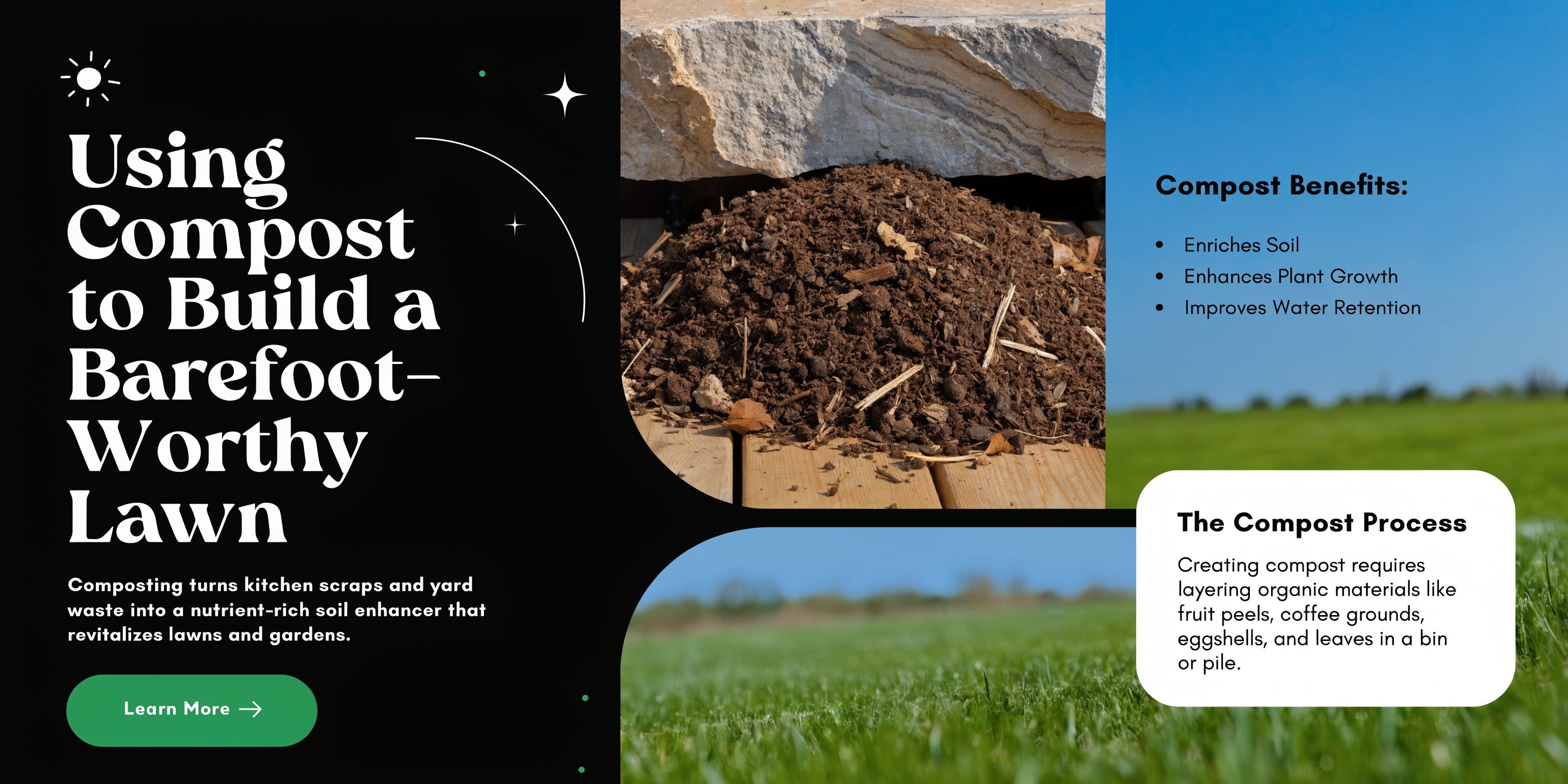 A compost heap next to a lawn, with text explaining the benefits and process of using compost.
