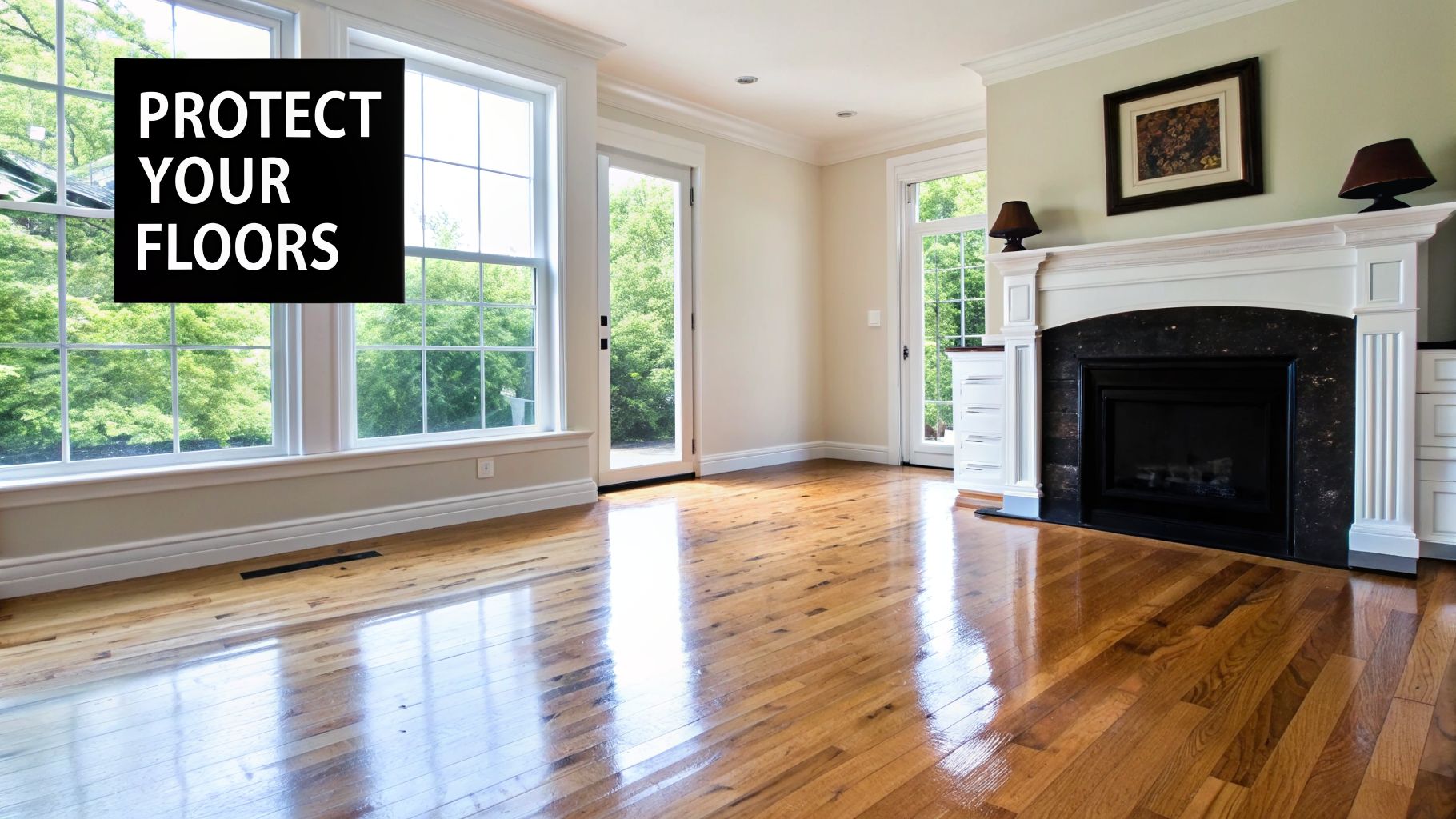 Bright room with polished hardwood floors, large windows, and a white fireplace.