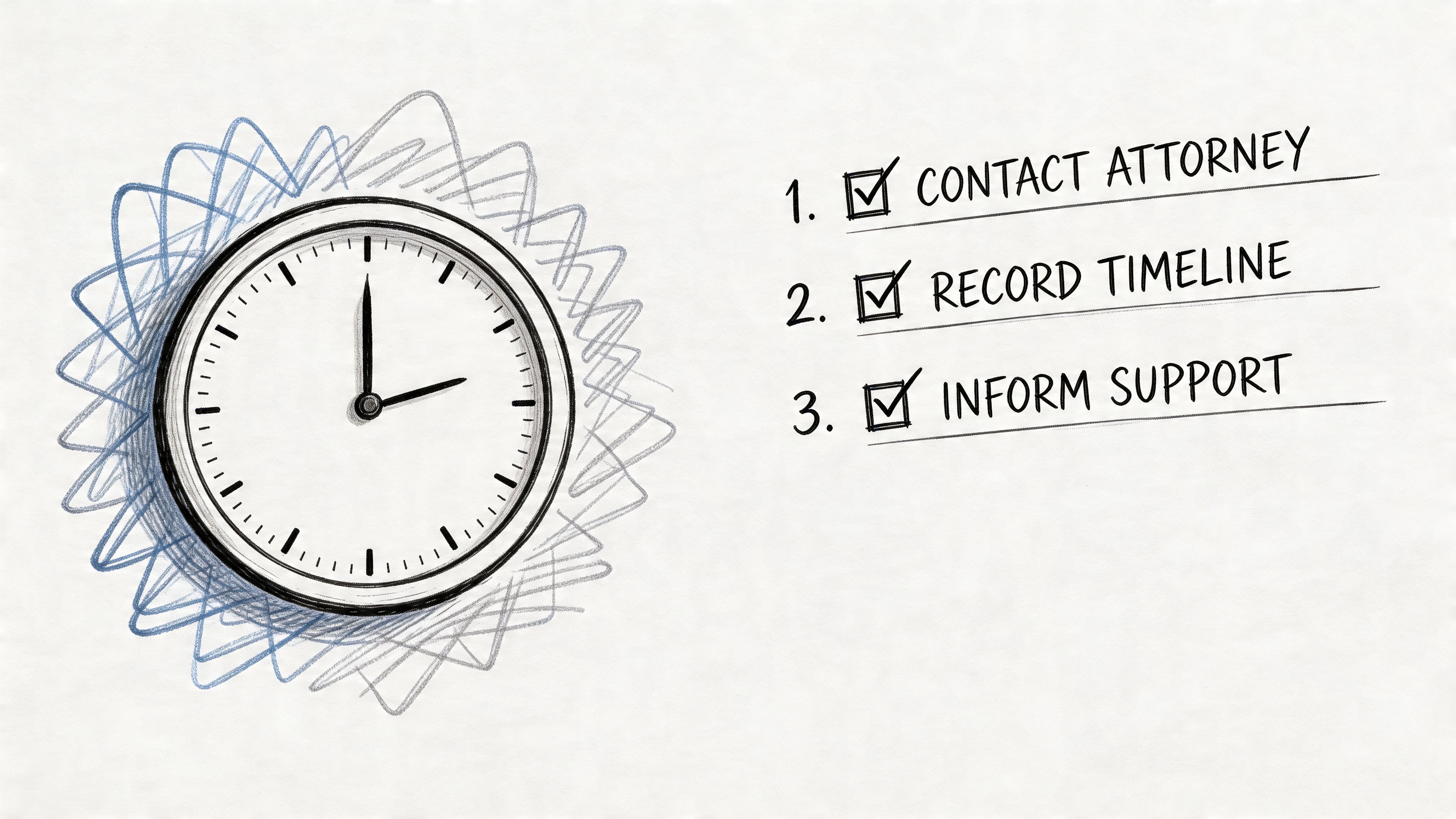 A checklist featuring three tasks including contact attorney, record timeline, and inform support next to a clock.
