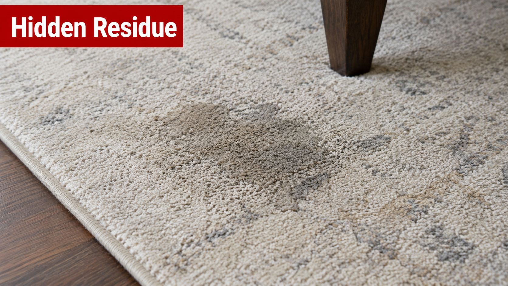 A close-up view of a large brown coffee stain on a textured light colored area rug.