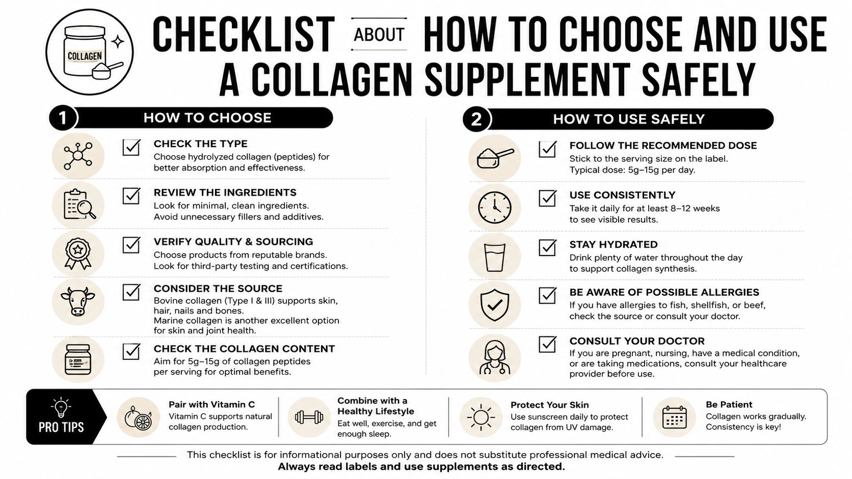 An infographic checklist guiding users on how to choose and safely use collagen supplements effectively.