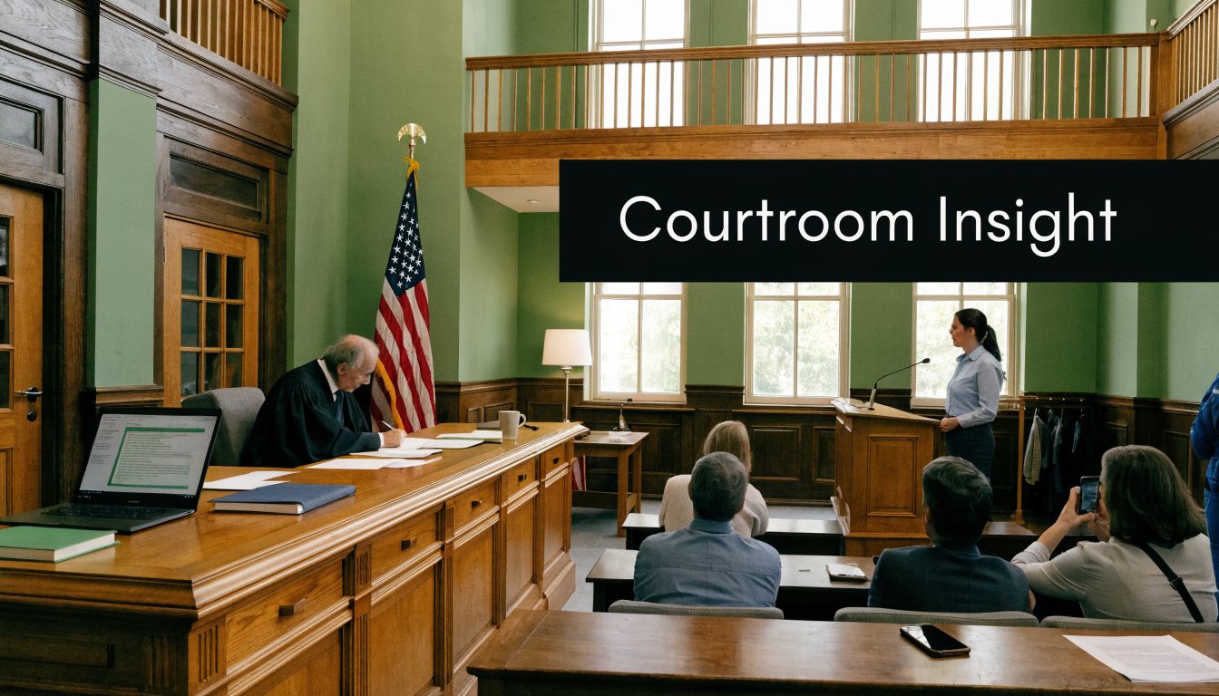 A judge sits in a courtroom while a woman presents at the podium to seated attendees.