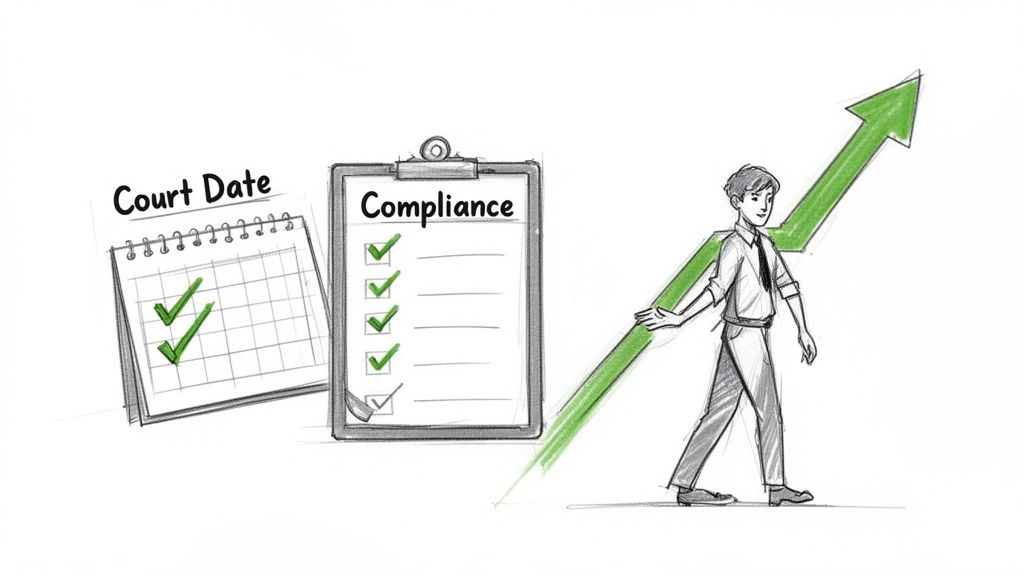 A man walks along an upward arrow, next to a 'Court Date' calendar and a 'Compliance' checklist with green checkmarks.
