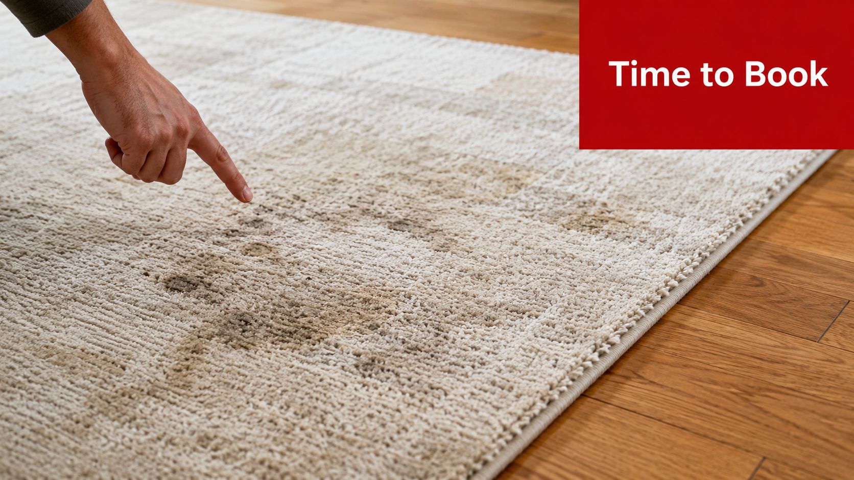 A hand points to dark stains on a light-colored area rug, highlighting the need for cleaning.