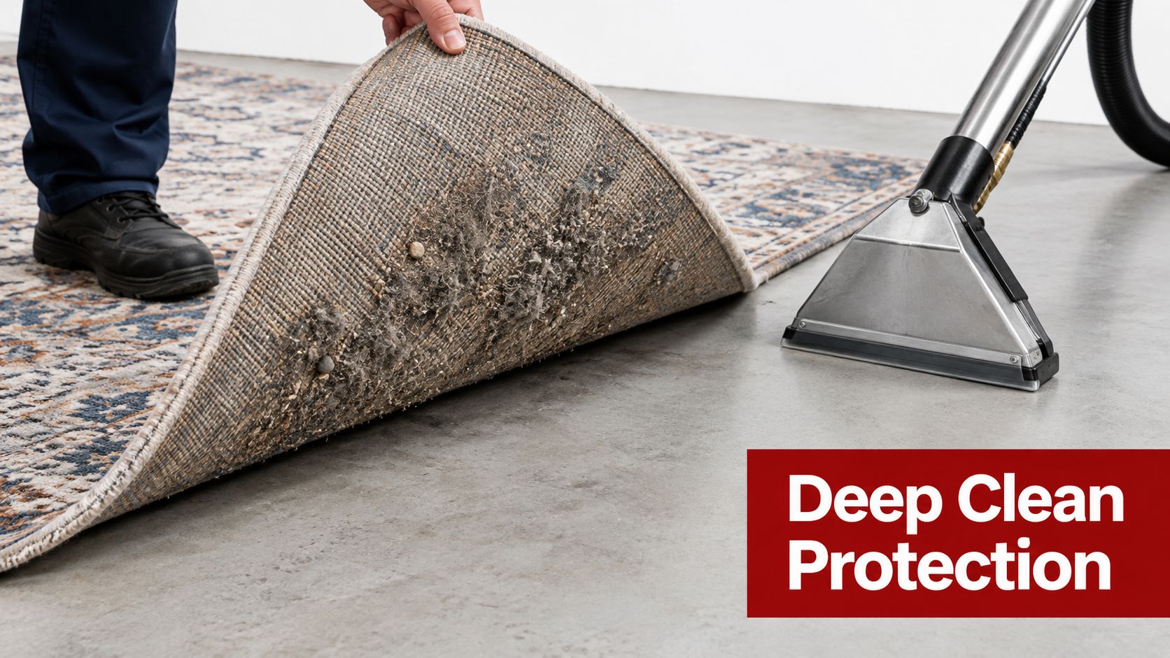 Professional carpet cleaner cleaning a dirty rug with dust and debris visible on the underside.