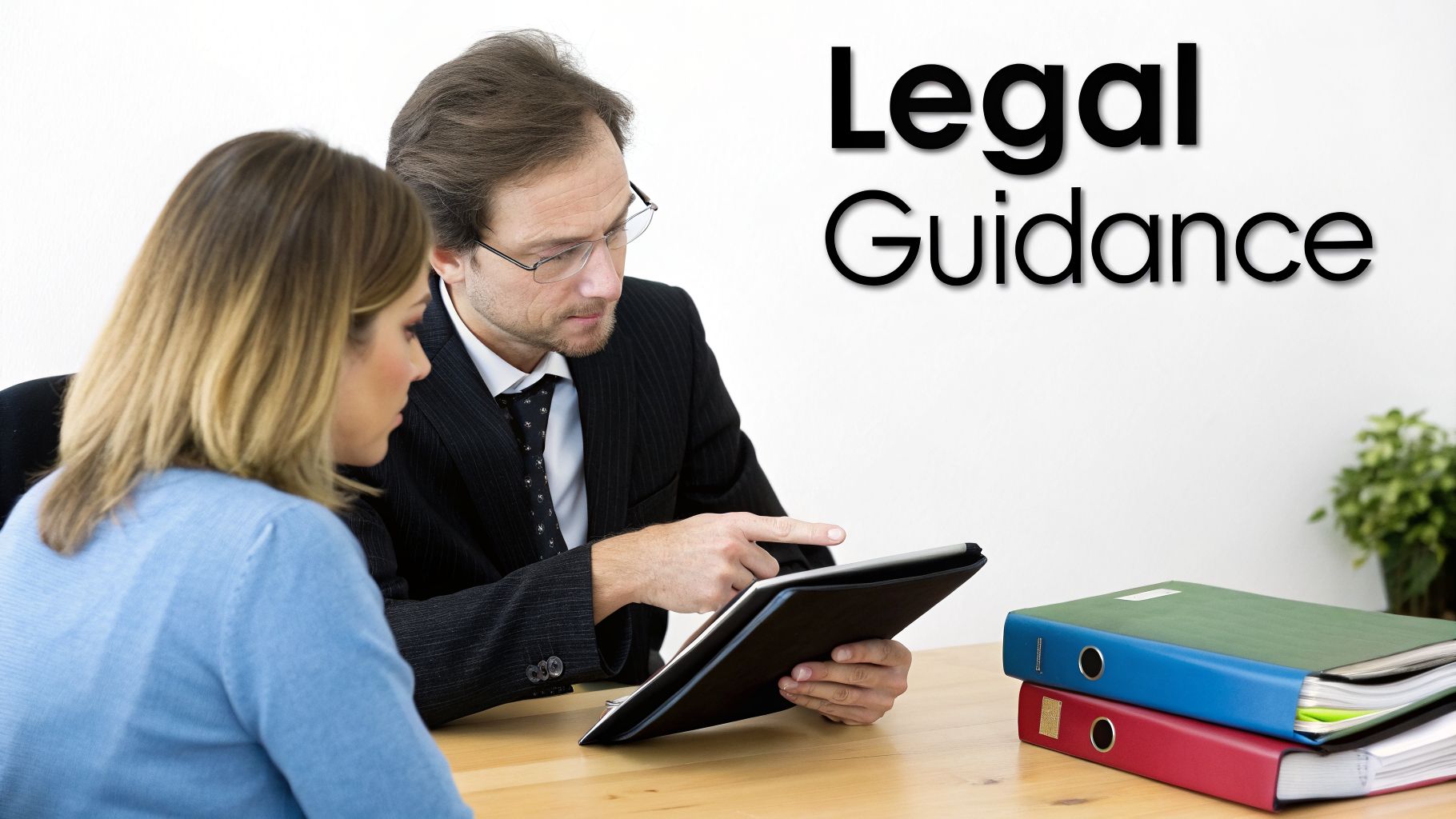 A male lawyer provides legal guidance to a female client, showing content on a digital tablet.