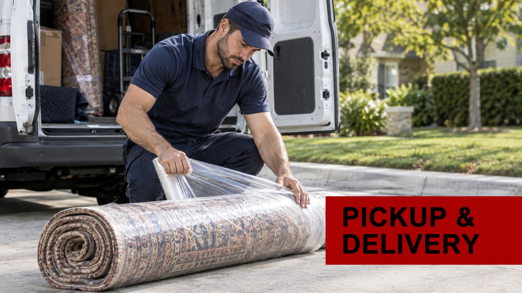 A professional mover wrapping a rolled hand knotted rug in plastic film for safe transport and delivery.