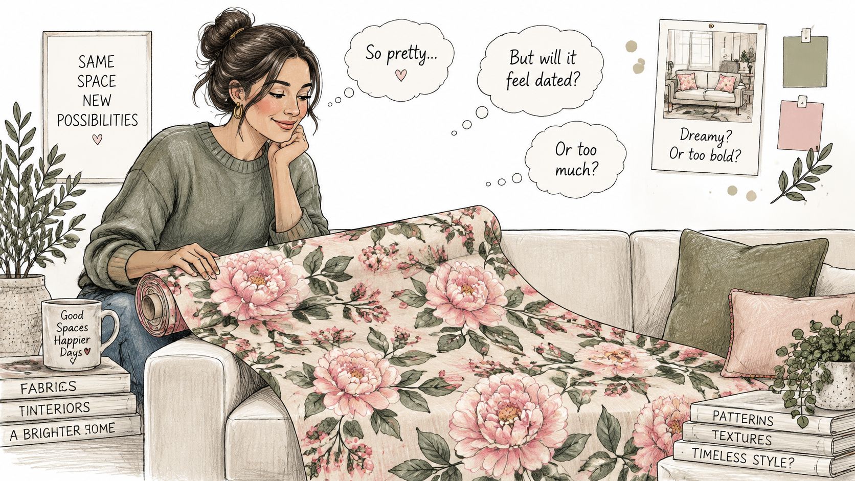 An illustration of a woman thoughtfully examining a roll of pink and green floral patterned fabric.