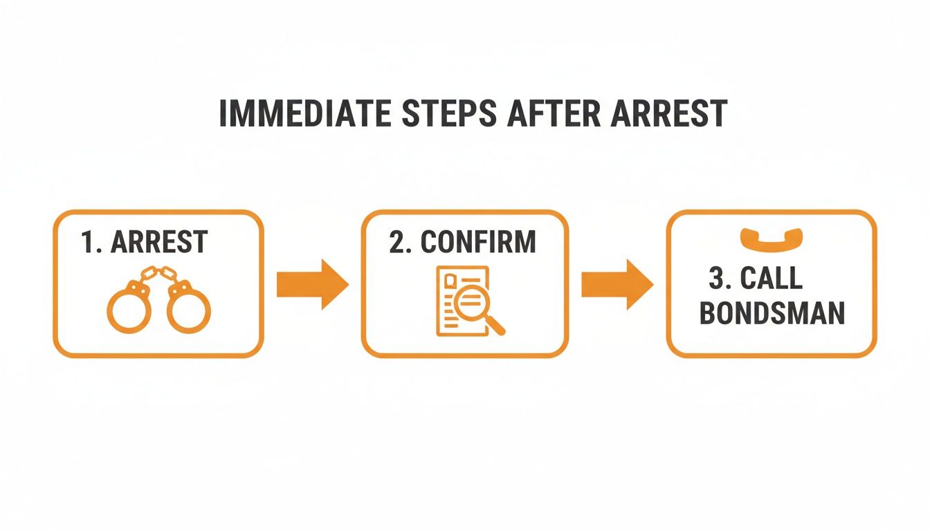 Flowchart illustrating immediate steps after an arrest: arrest, confirm details, and call a bondsman.