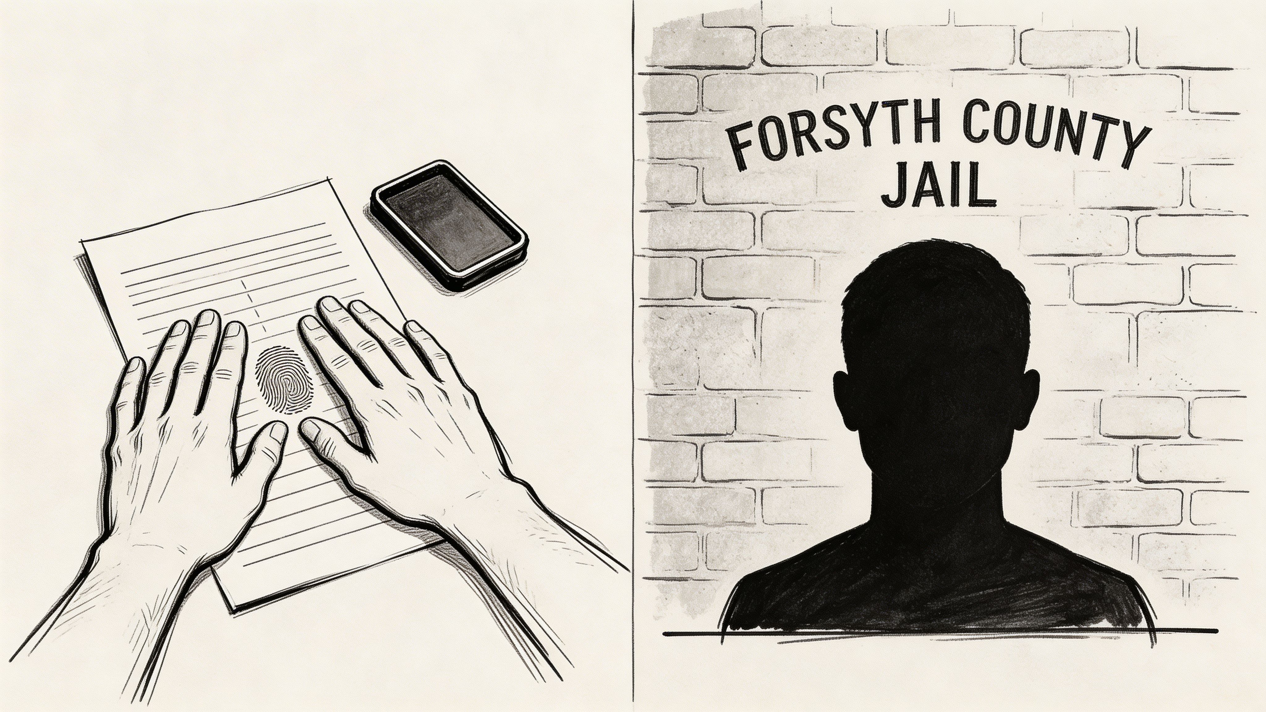 A split-screen illustration showing a person being fingerprinted and a silhouette at Forsyth County Jail.