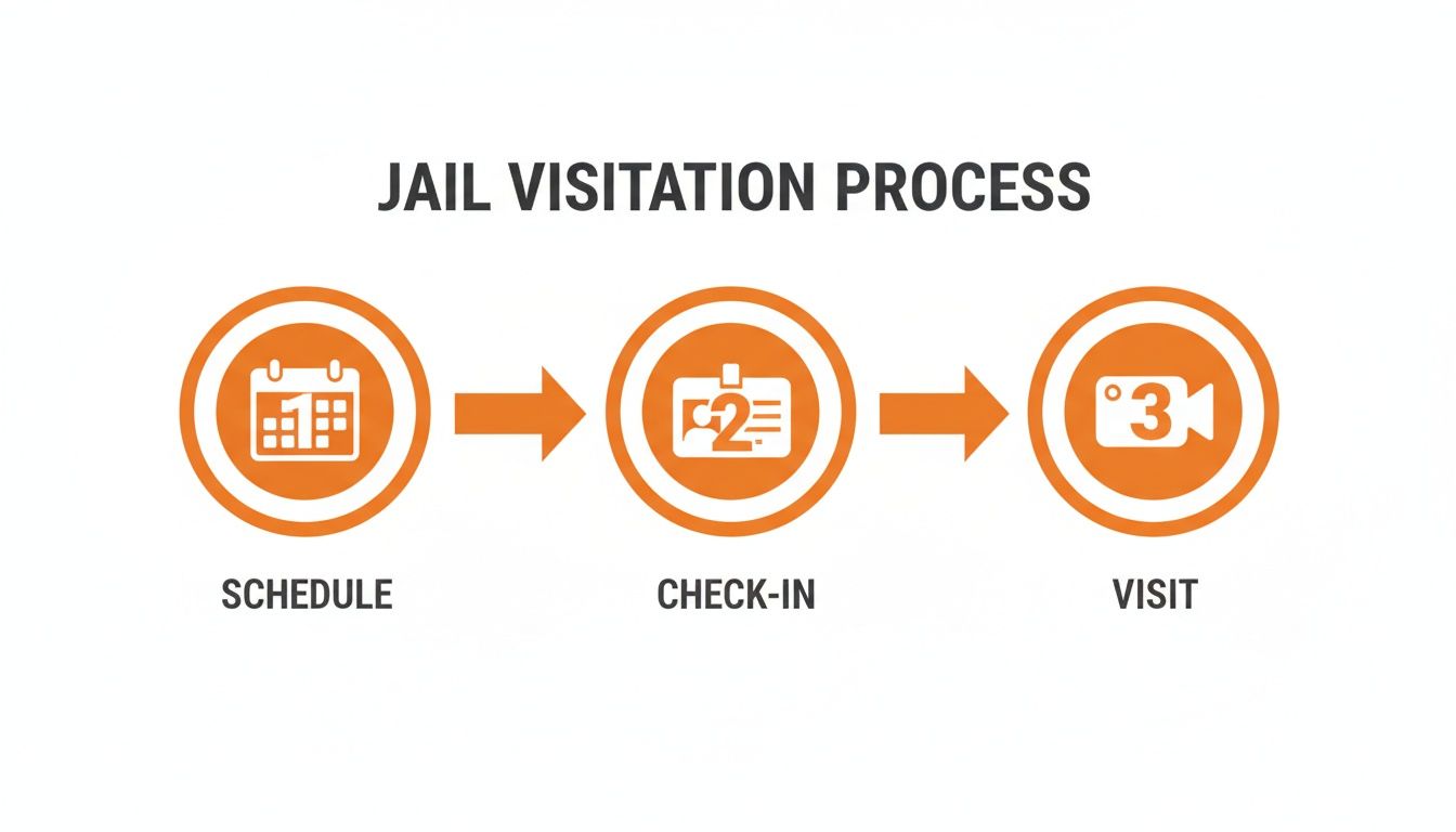 An infographic illustrating the three-step jail visitation process: schedule, check-in, and visit.