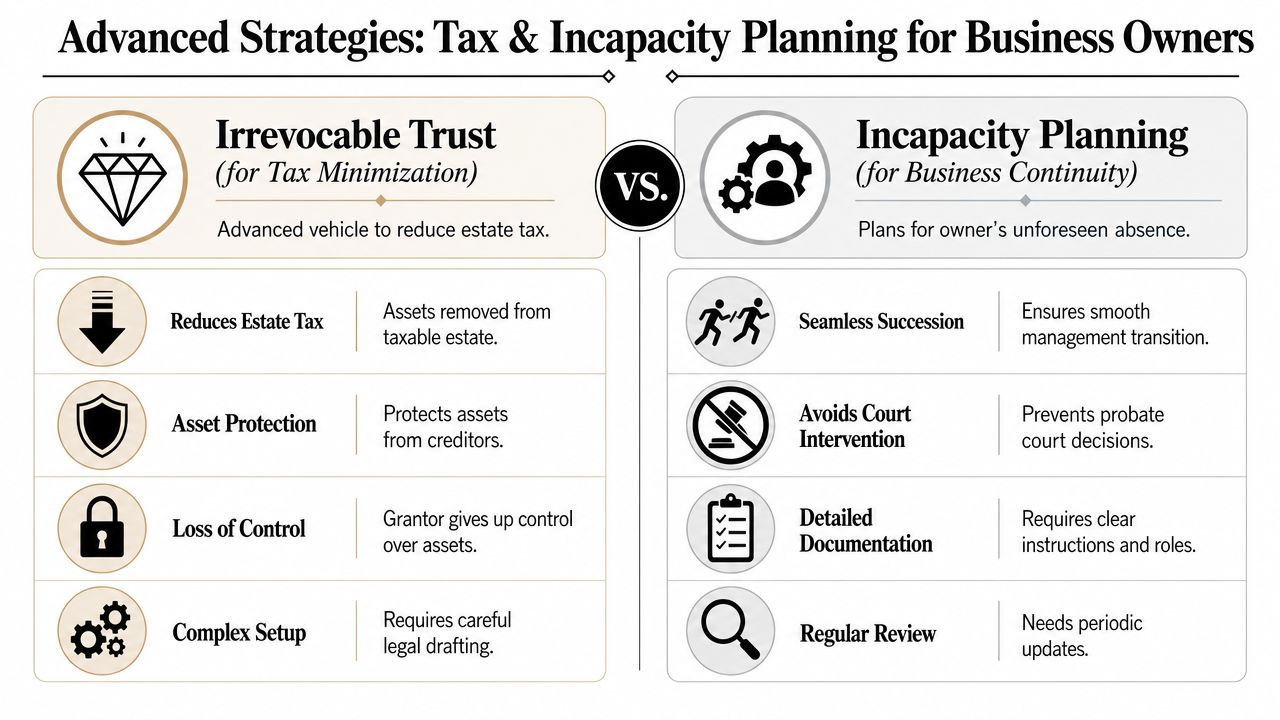 A comparison chart outlining irrevocable trusts for tax minimization and incapacity planning for business continuity strategies.