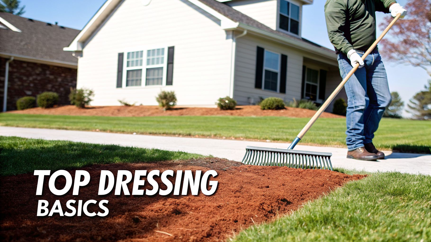 A person rakes reddish topsoil onto a green lawn next to a sidewalk in front of a house.