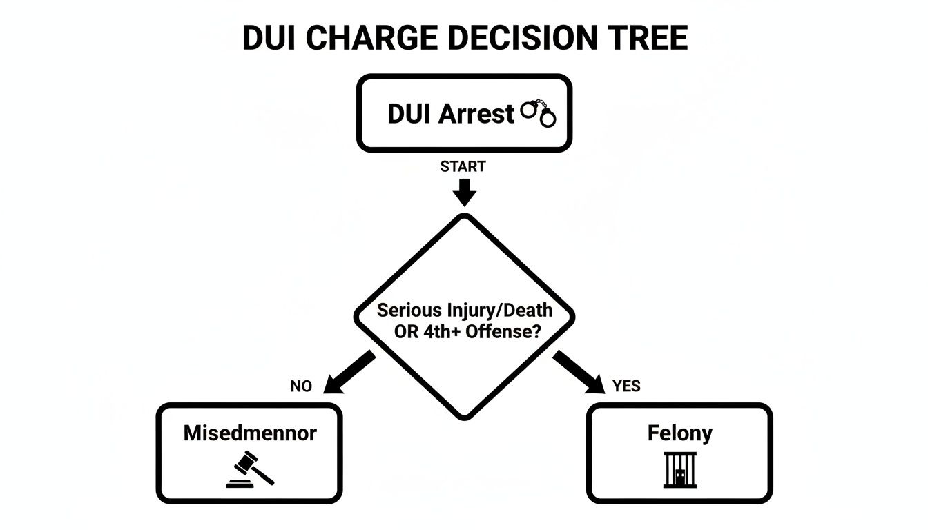 A DUI charge decision tree flowchart showing that a DUI arrest can lead to either a Misdemeanor or a Felony, depending on whether there's Serious Injury/Death or a 4th+ Offense.