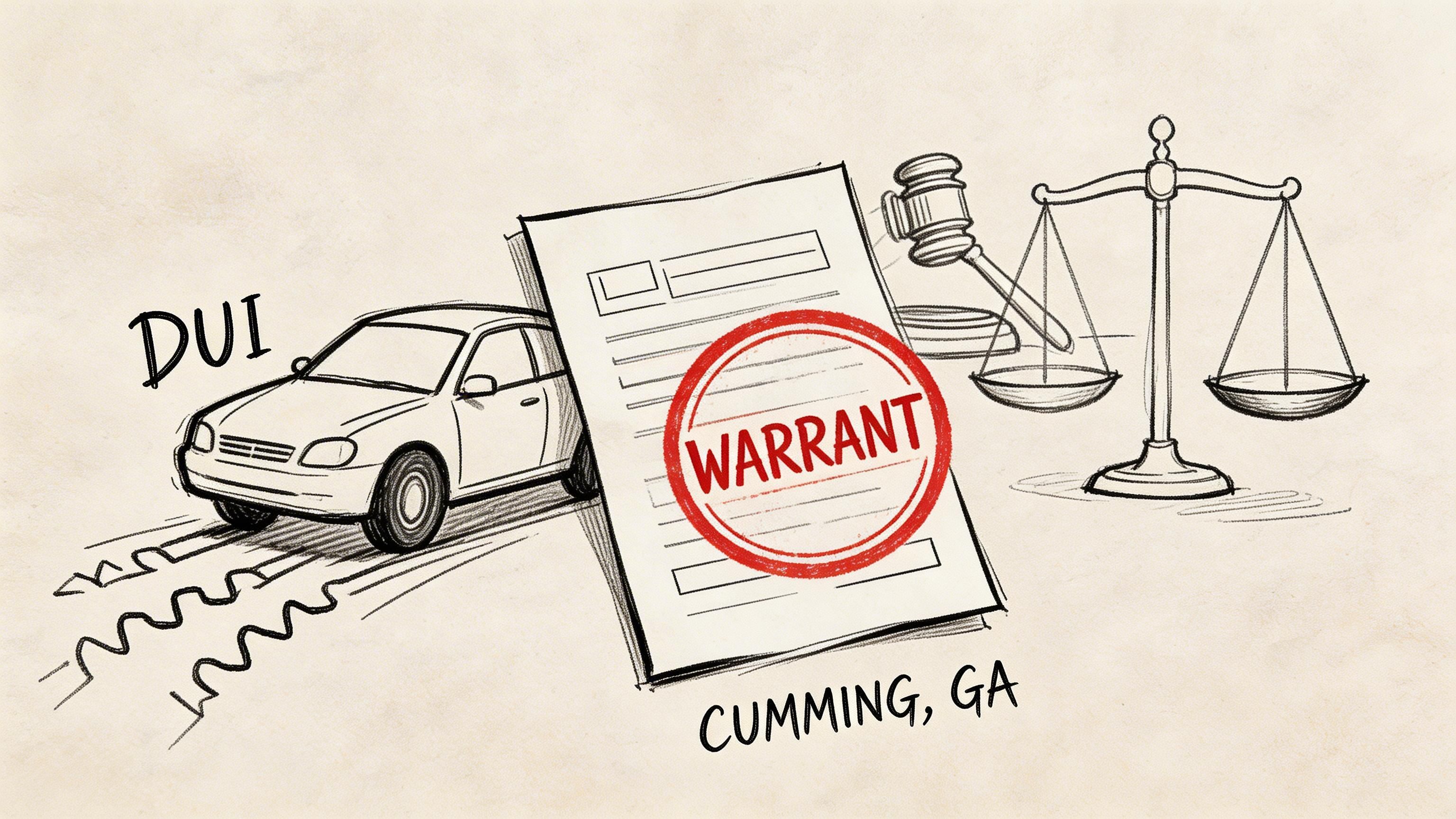 A conceptual sketch illustrating a DUI arrest, legal warrant, and scales of justice in Cumming, Georgia.
