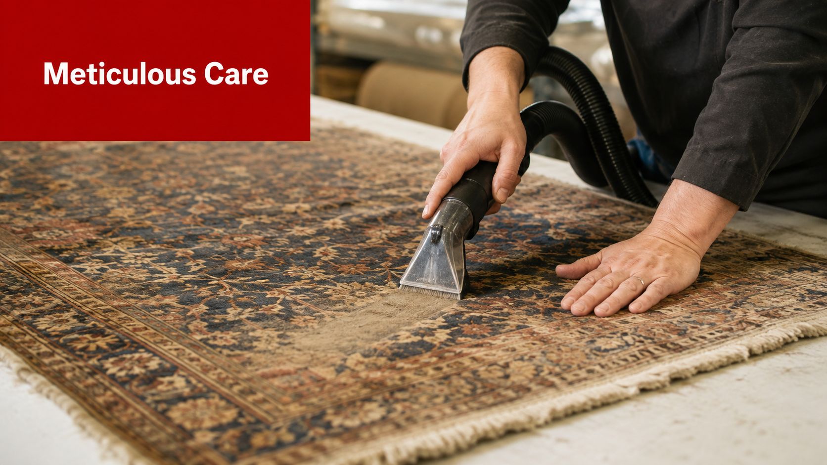 A professional cleaning an intricate handmade vintage rug using a specialized vacuum attachment in a workshop.