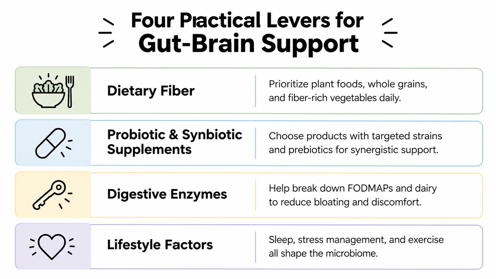 An infographic titled Four Practical Levers for Gut-Brain Support, listing dietary fiber, supplements, enzymes, and lifestyle factors.
