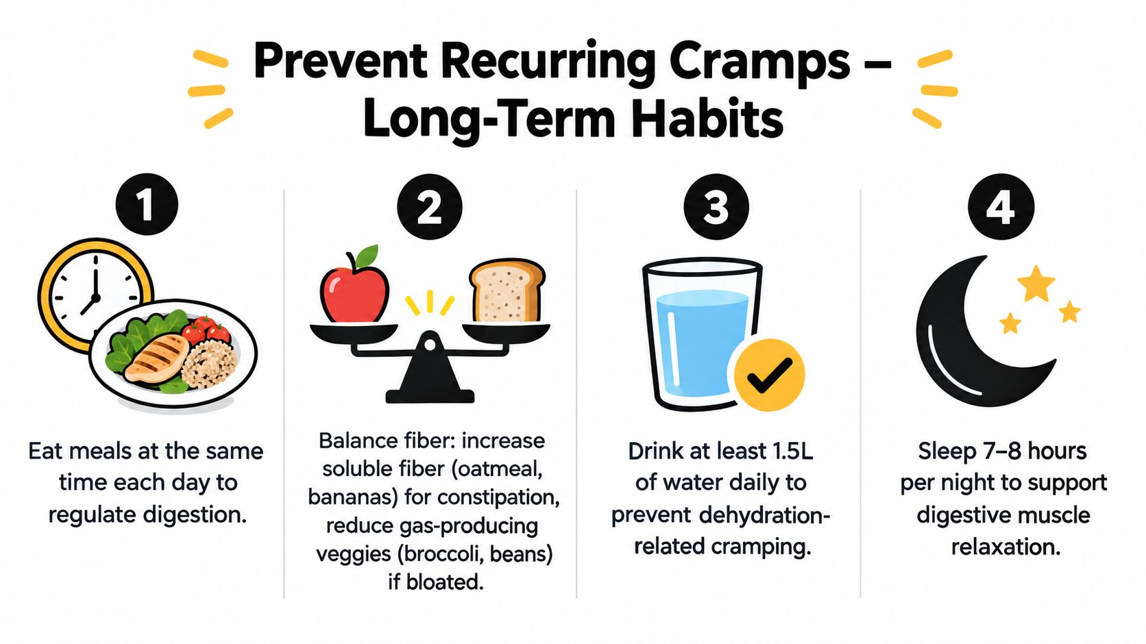 An infographic showing four long-term habits to help prevent recurring stomach cramps through diet and rest.