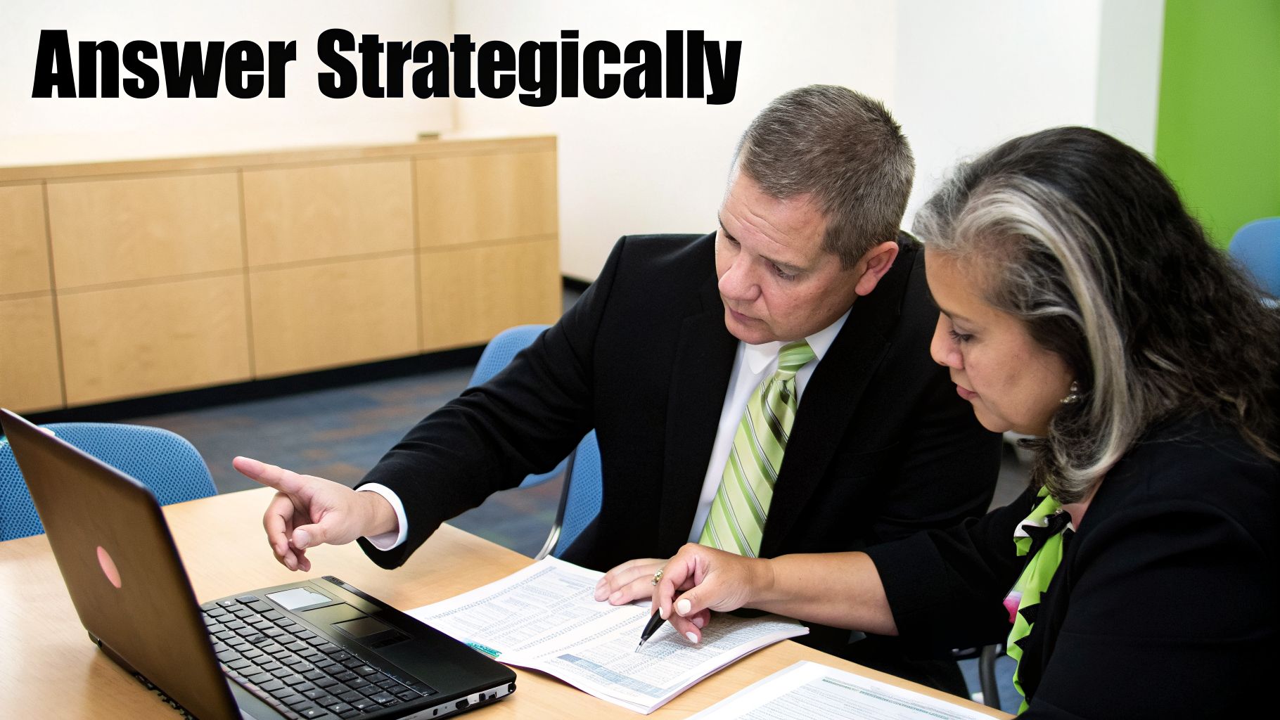 Business colleagues collaborate on documents and a laptop, discussing strategy in an office setting.