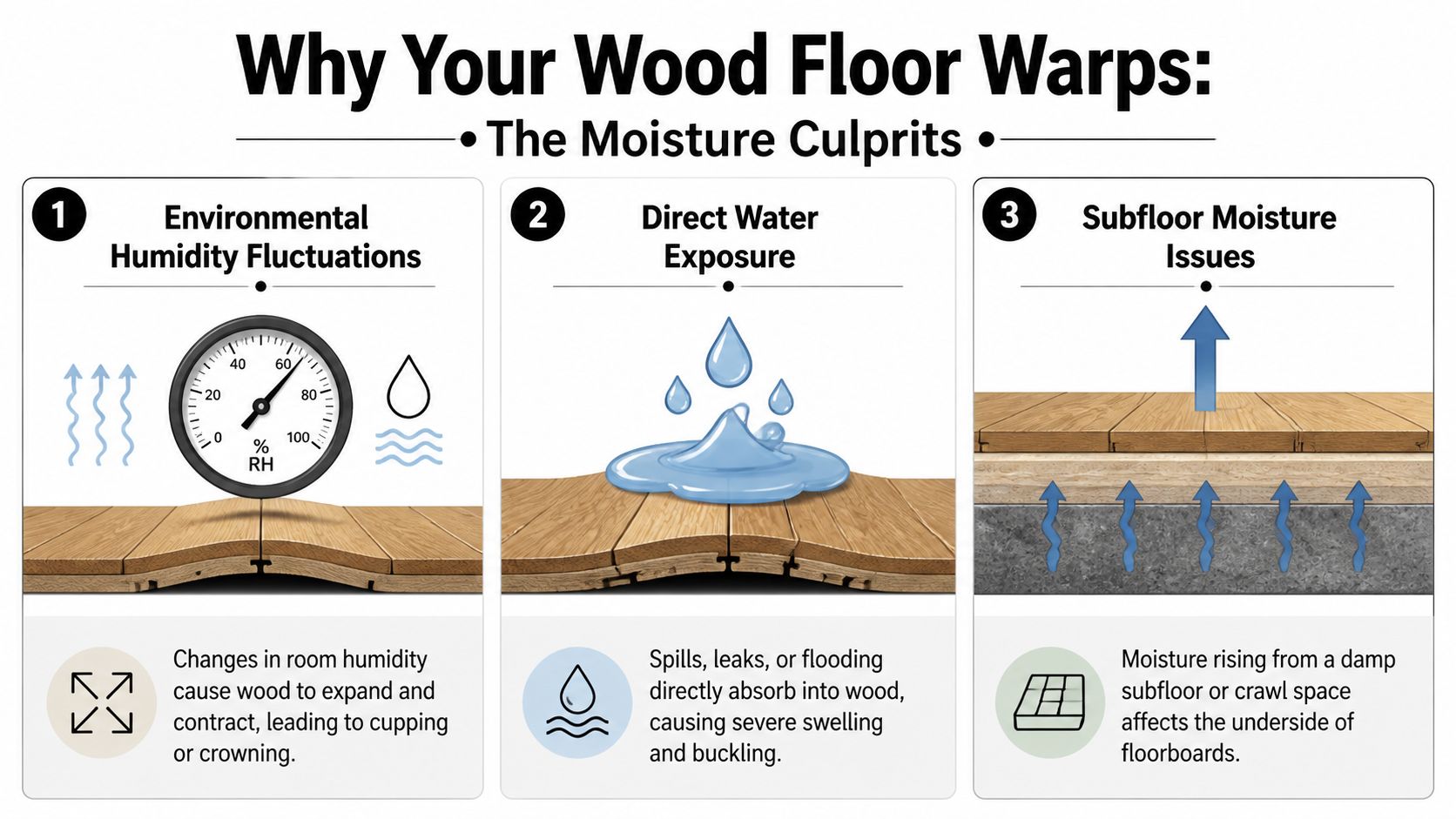 An infographic showing the three main moisture causes for wood floor warping: humidity, spills, and subfloor issues.