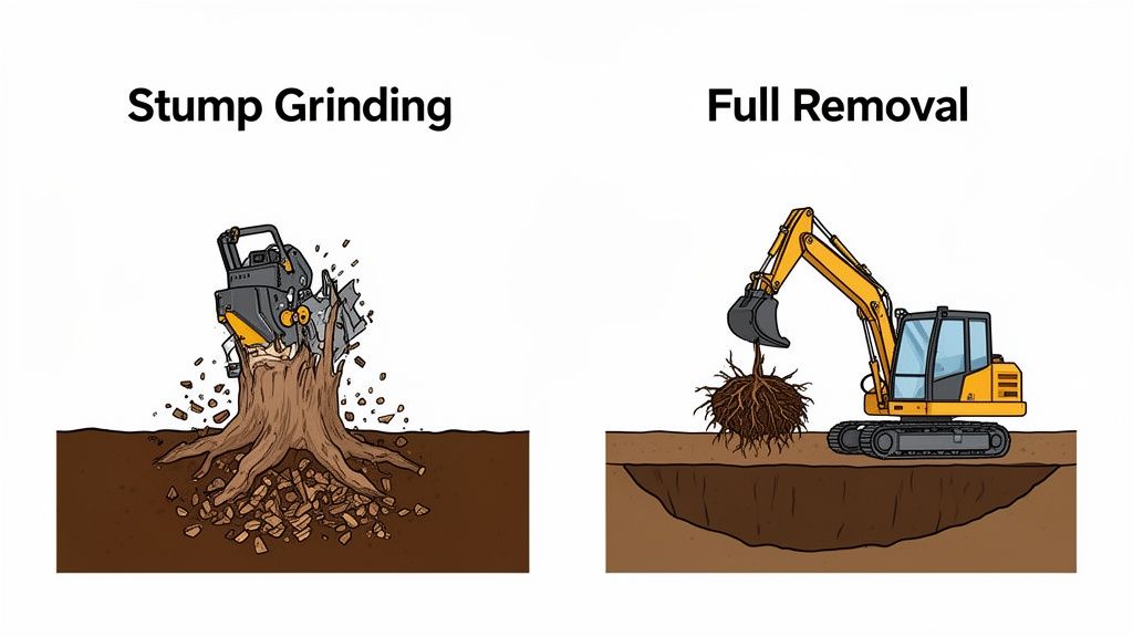 Illustrates two methods of tree removal: stump grinding with a machine and full stump removal with an excavator.