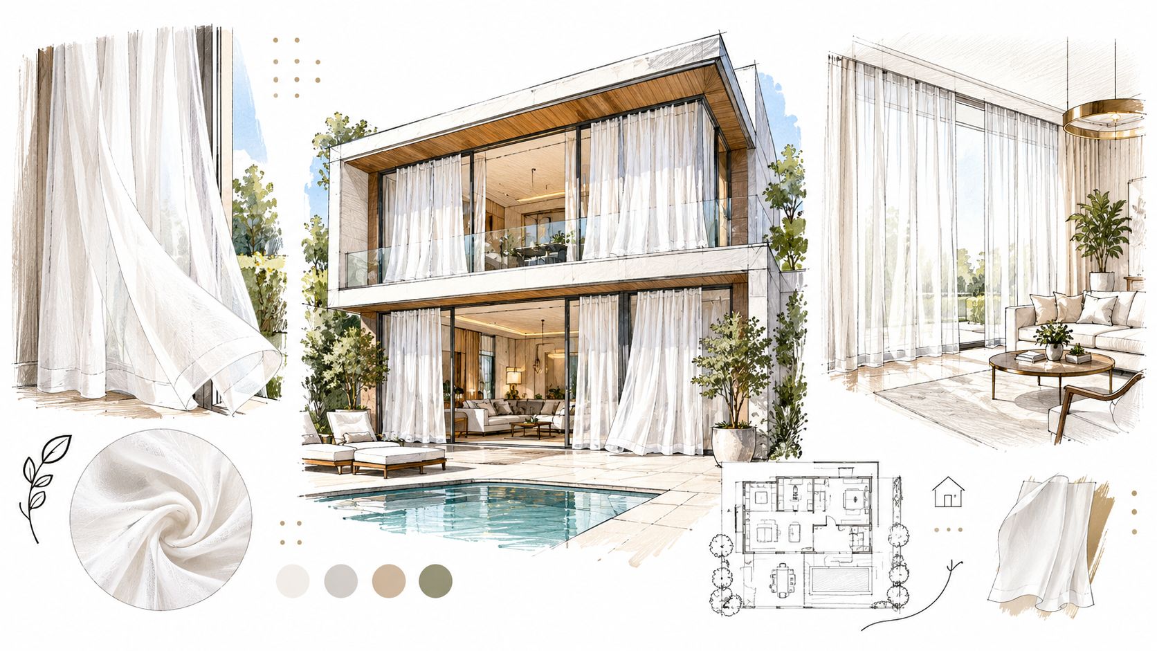 A design concept presentation featuring white sheer material curtains in a modern house with a pool.