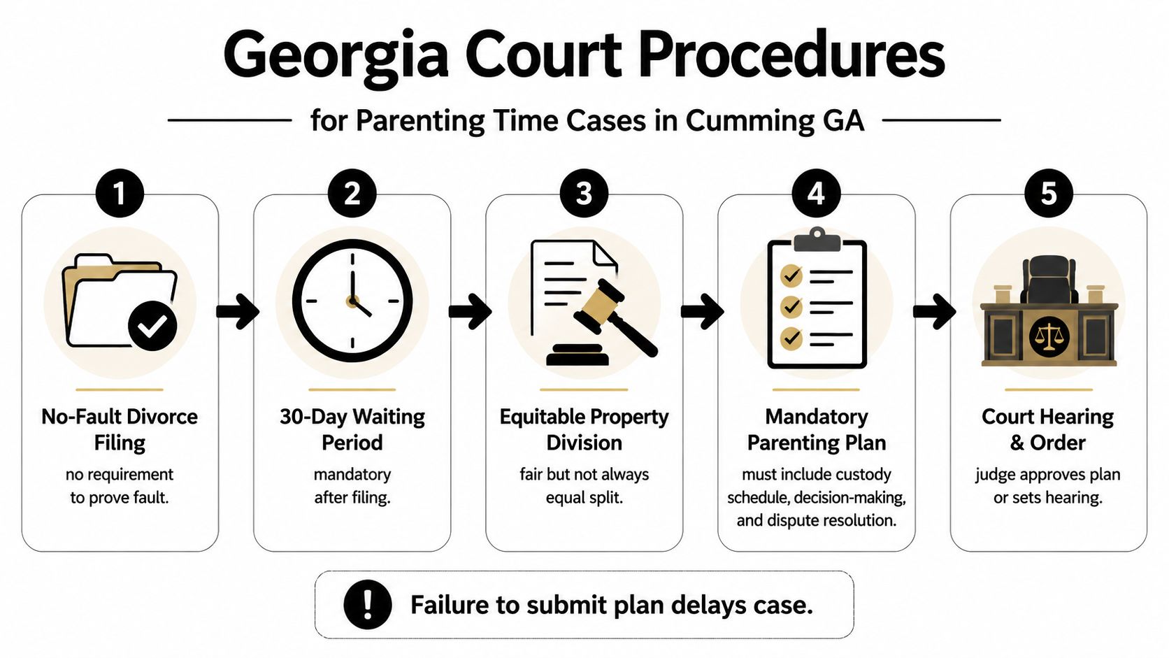 A five-step infographic showing Georgia court procedures for parenting time cases, from filing to court orders.