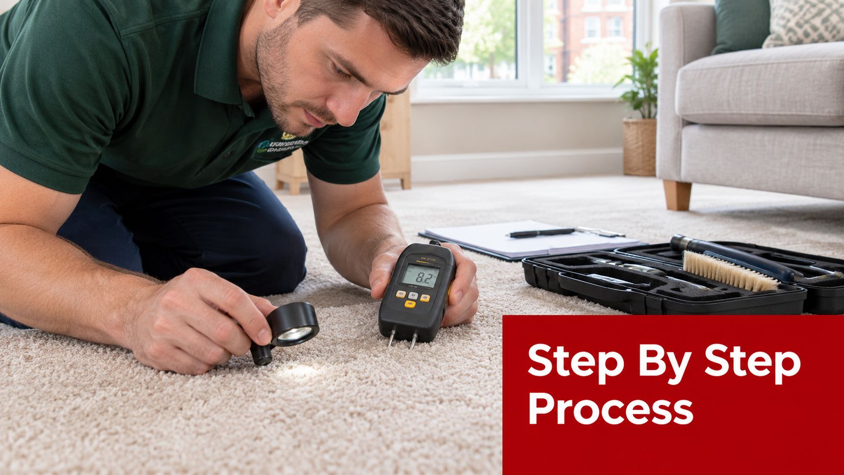 A carpet technician inspects a residential carpet for moisture using a digital meter and a magnifying light.