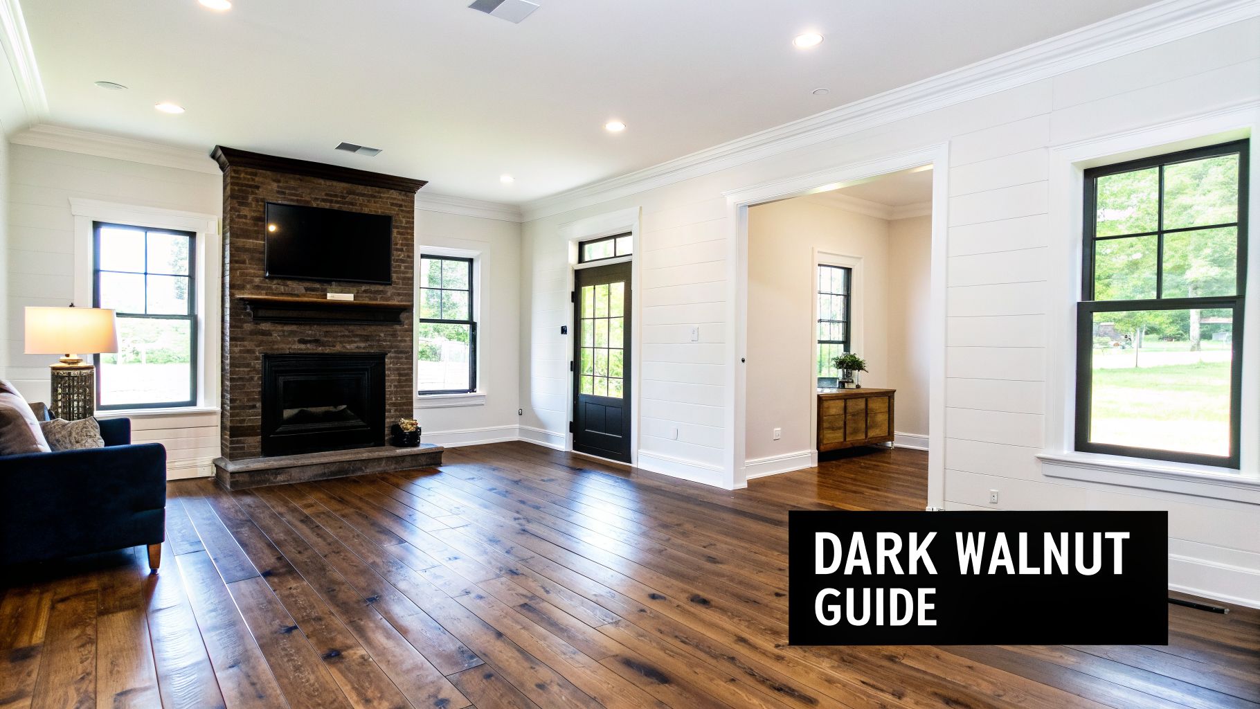 A stylish living room featuring dark walnut hardwood floors, a brick fireplace, and white shiplap walls.