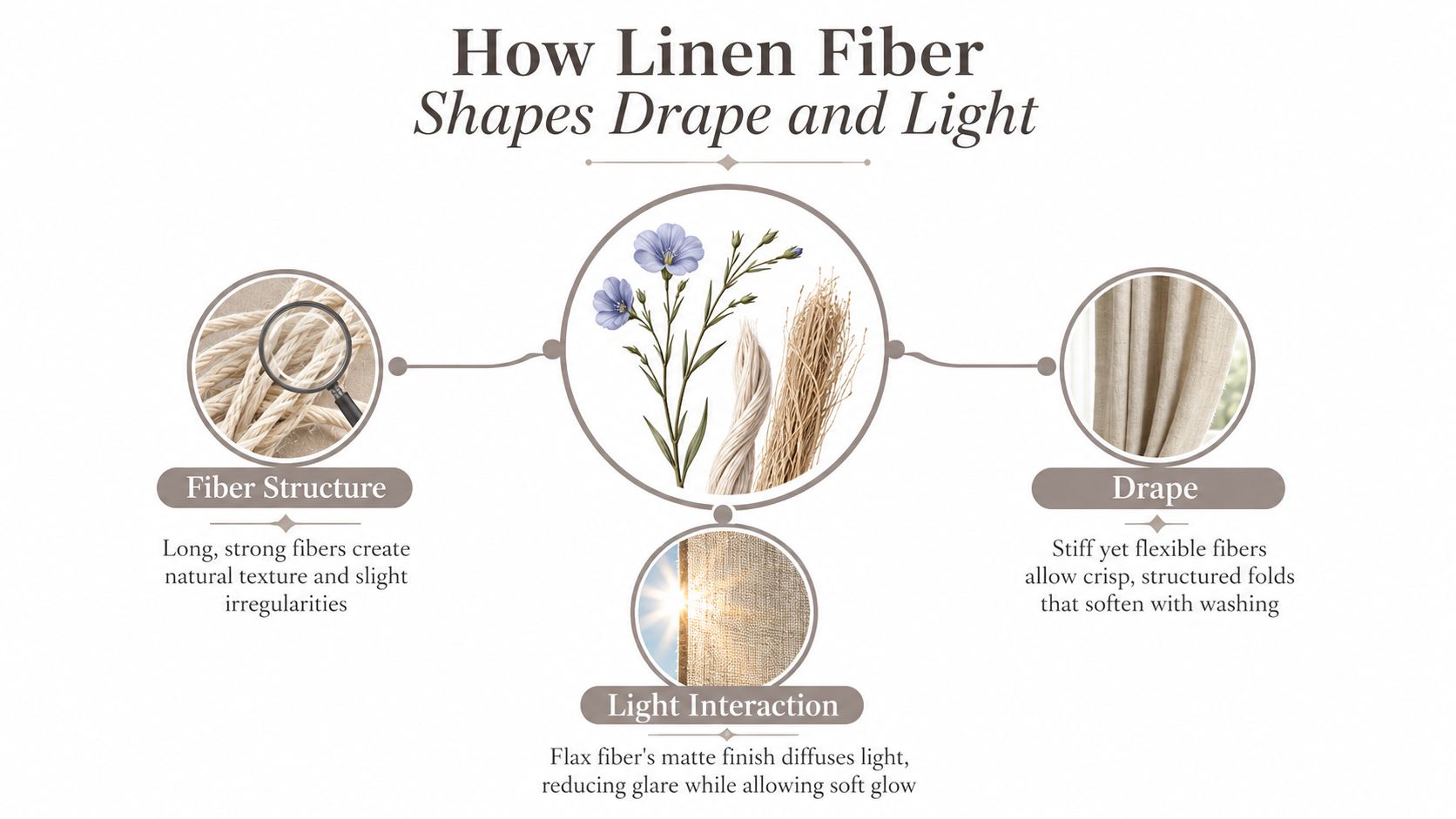 An infographic showing how natural linen fiber structure influences fabric drape and soft light diffusion characteristics.