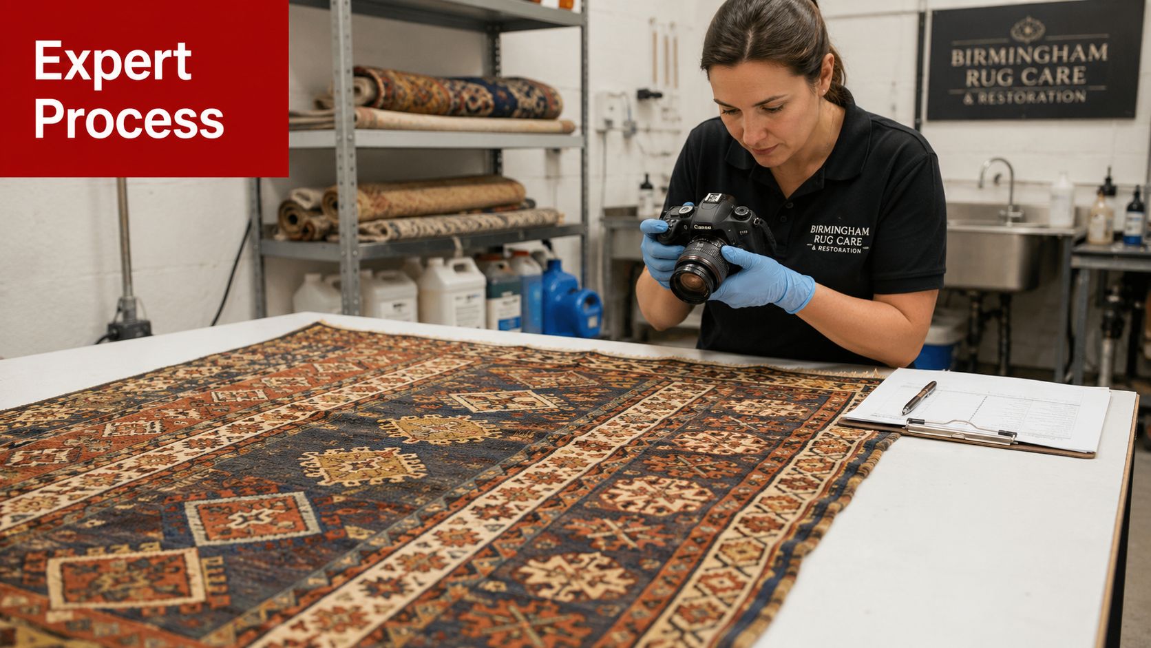 A professional rug care expert using a digital camera to document an antique rug for restoration.