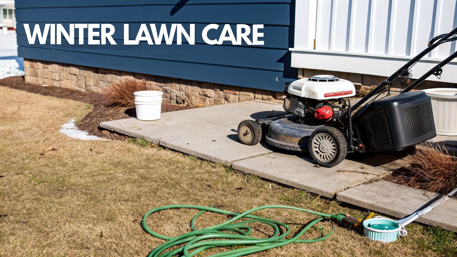 A lawnmower on a concrete path, with dormant brown grass, patches of snow, and a garden hose.