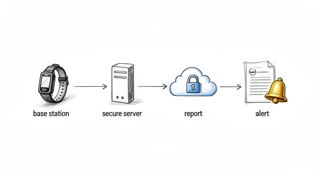 Flow diagram showing data transmission from a smartwatch base station to a secure server for reporting and alerts.
