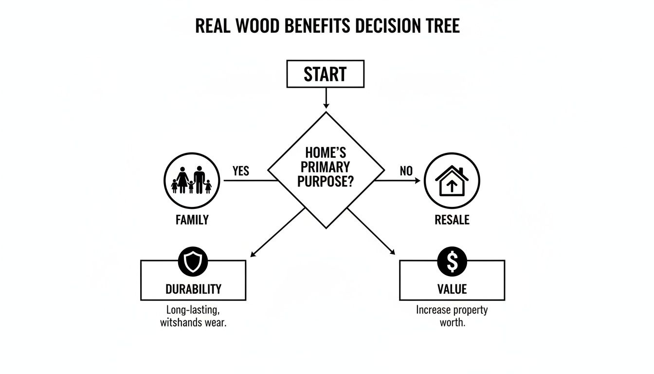 Decision tree for real wood benefits, showing family homes prioritize durability and resale homes value.