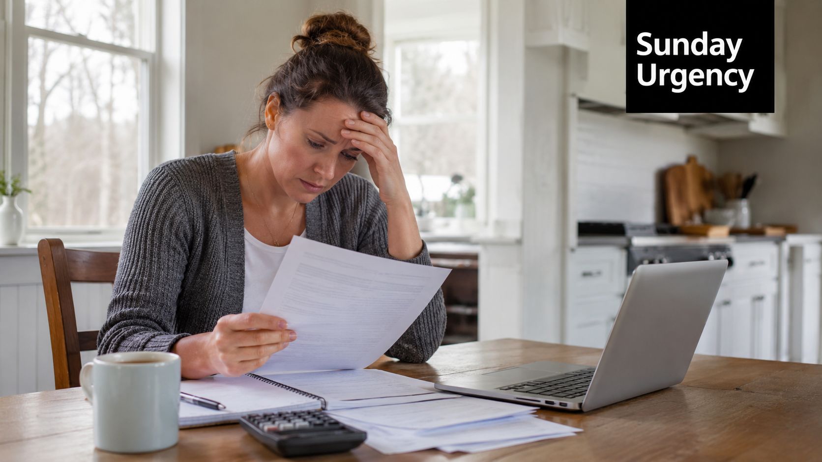 A woman looks stressed while reviewing financial documents at a table with a laptop and calculator.