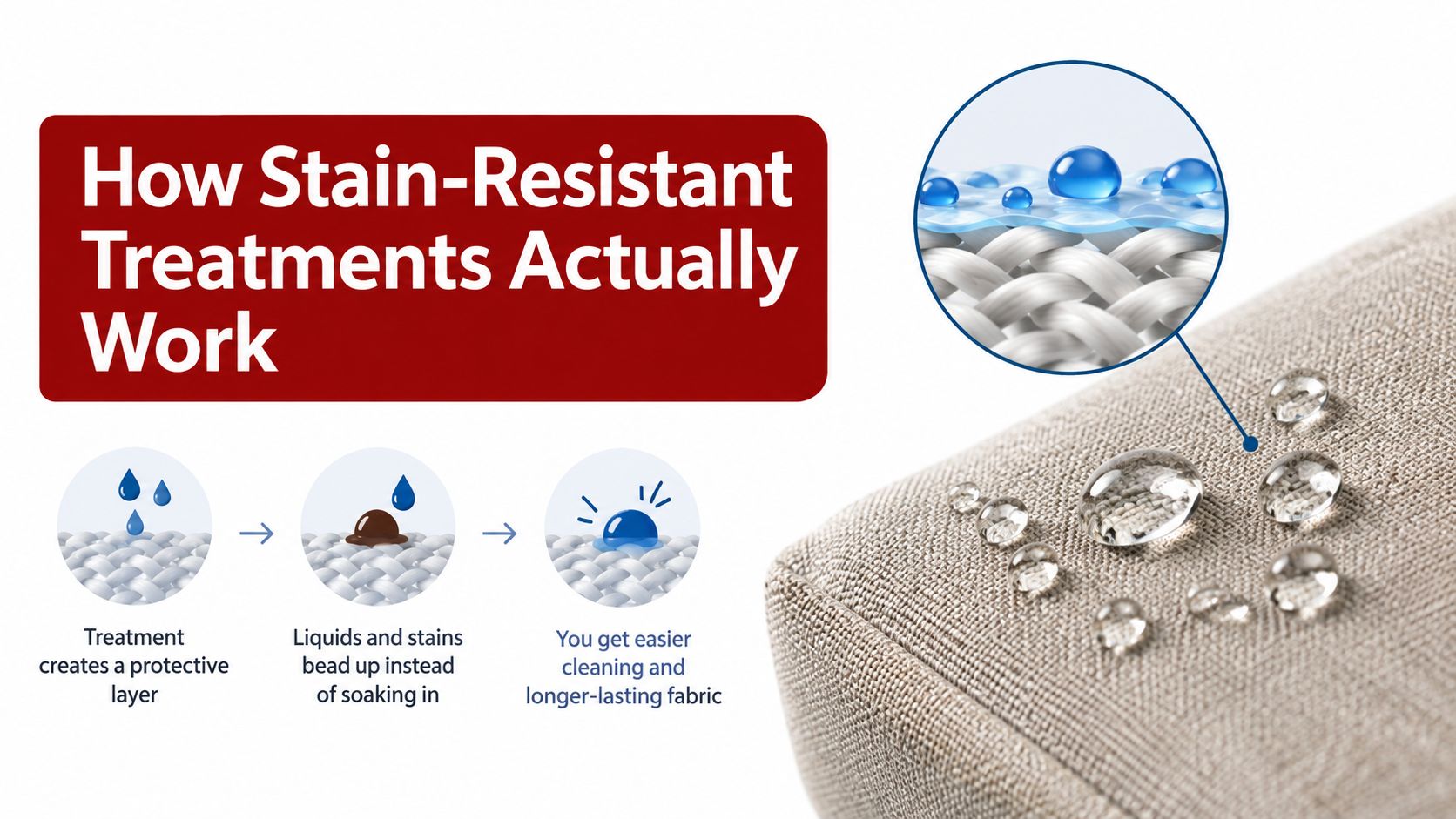 An infographic showing how stain-resistant treatments create a protective layer on fabric to repel liquids.