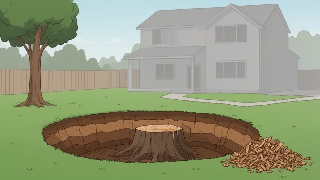 A deep hole in a residential lawn with a tree stump, wood chips, and a house in the background.